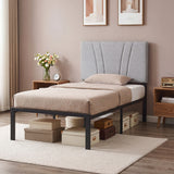 Metal Single Bed 95cm Wide With Faux Linen Fabric Headboard - Velmora