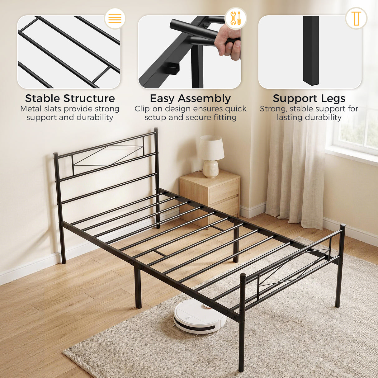 Metal Single Bed 96cm Wide - Velmora