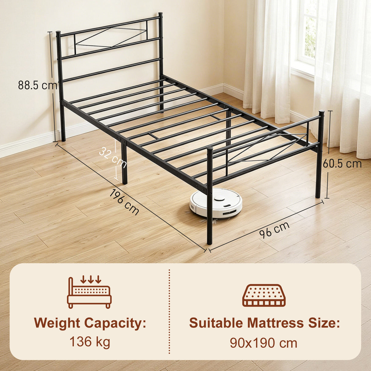 Metal Single Bed 96cm Wide - Velmora