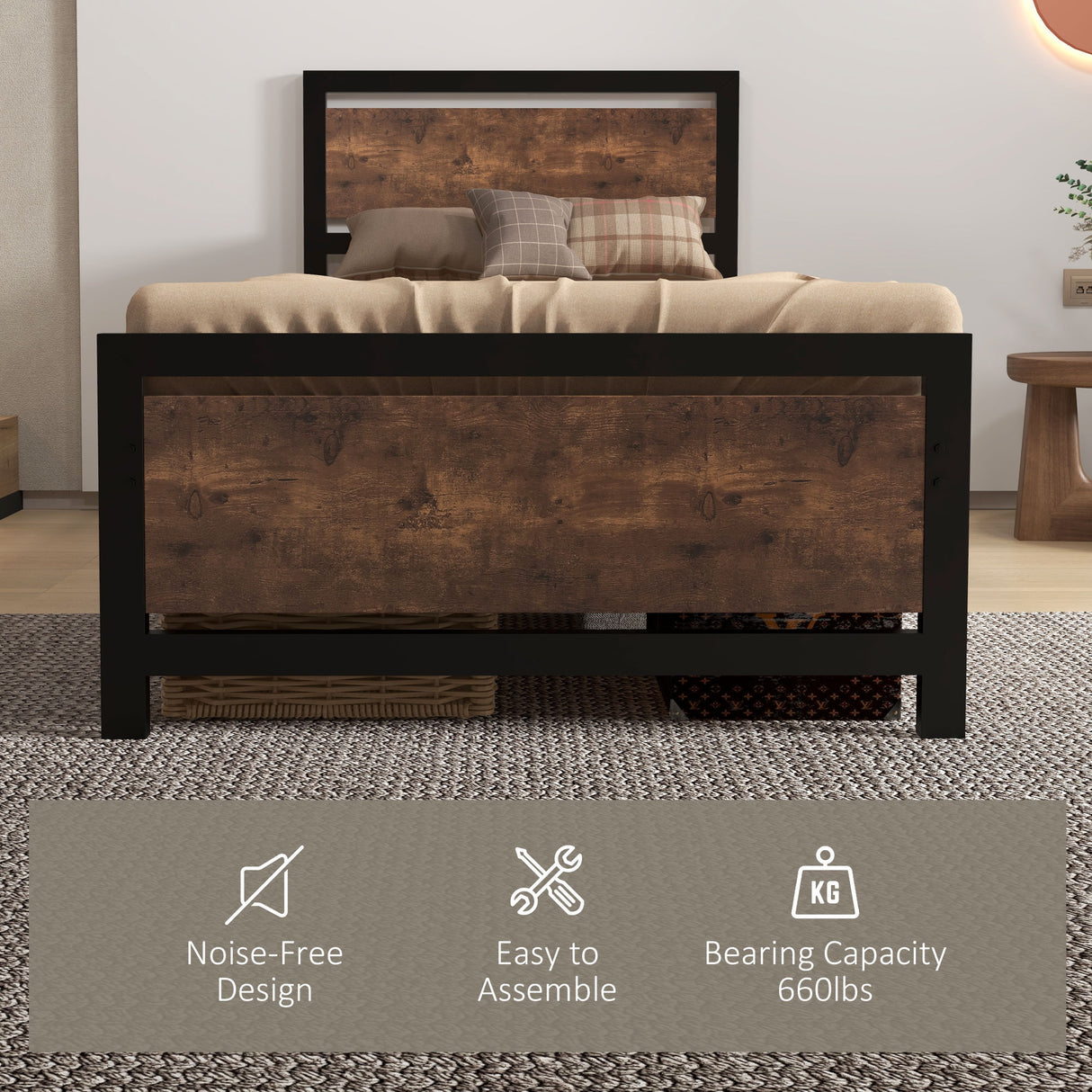 Metal Single Bed 97cm Wide With Wooden Headboard - Velmora