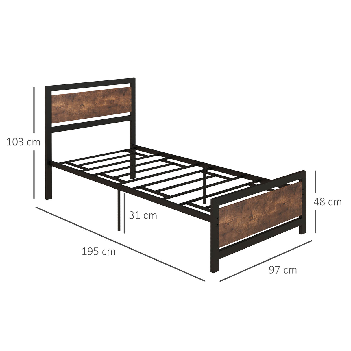 Metal Single Bed 97cm Wide With Wooden Headboard - Velmora