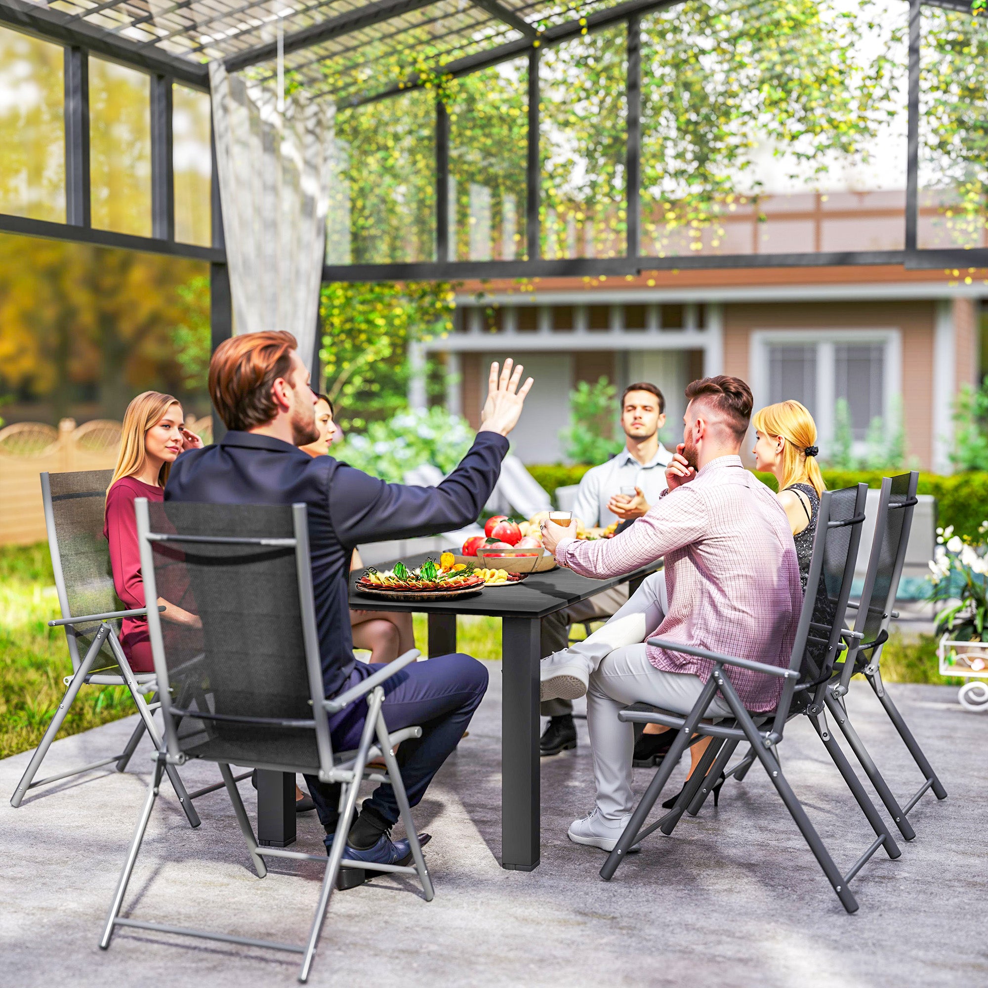 Metal Slatted Top Outdoor Garden Dining Table for 6 People With Parasol Hole - Velmora