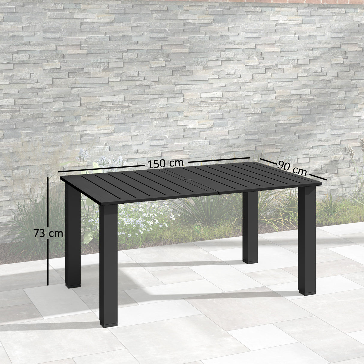 Metal Slatted Top Outdoor Garden Dining Table for 6 People With Parasol Hole - Velmora