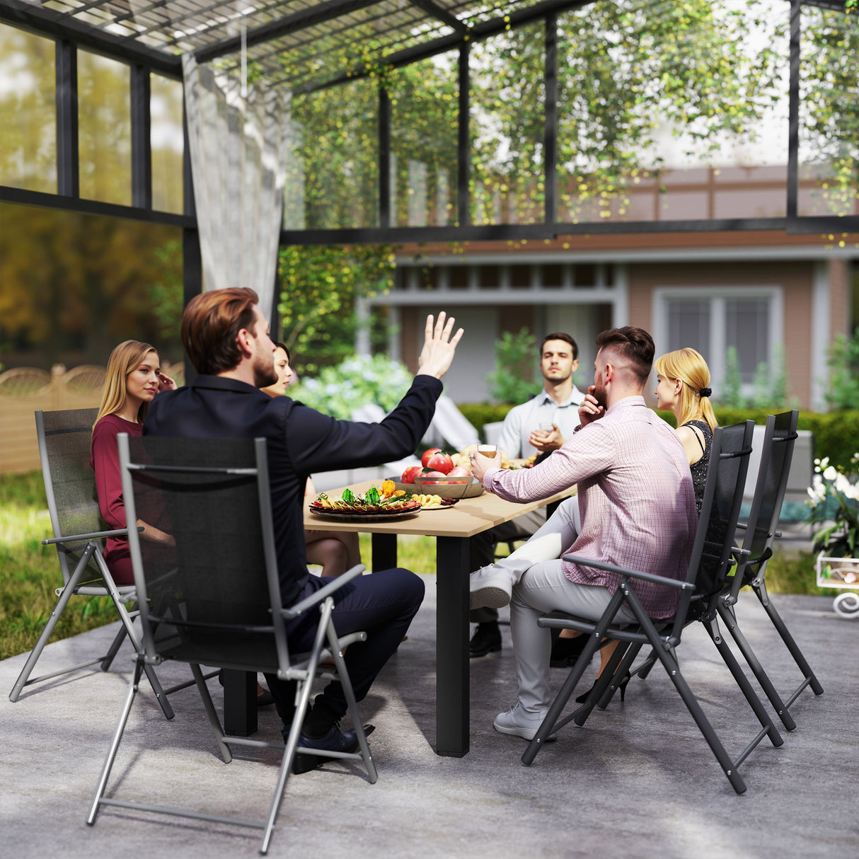 Metal Slatted Top Outdoor Garden Dining Table for 6 People With Parasol Hole - Velmora