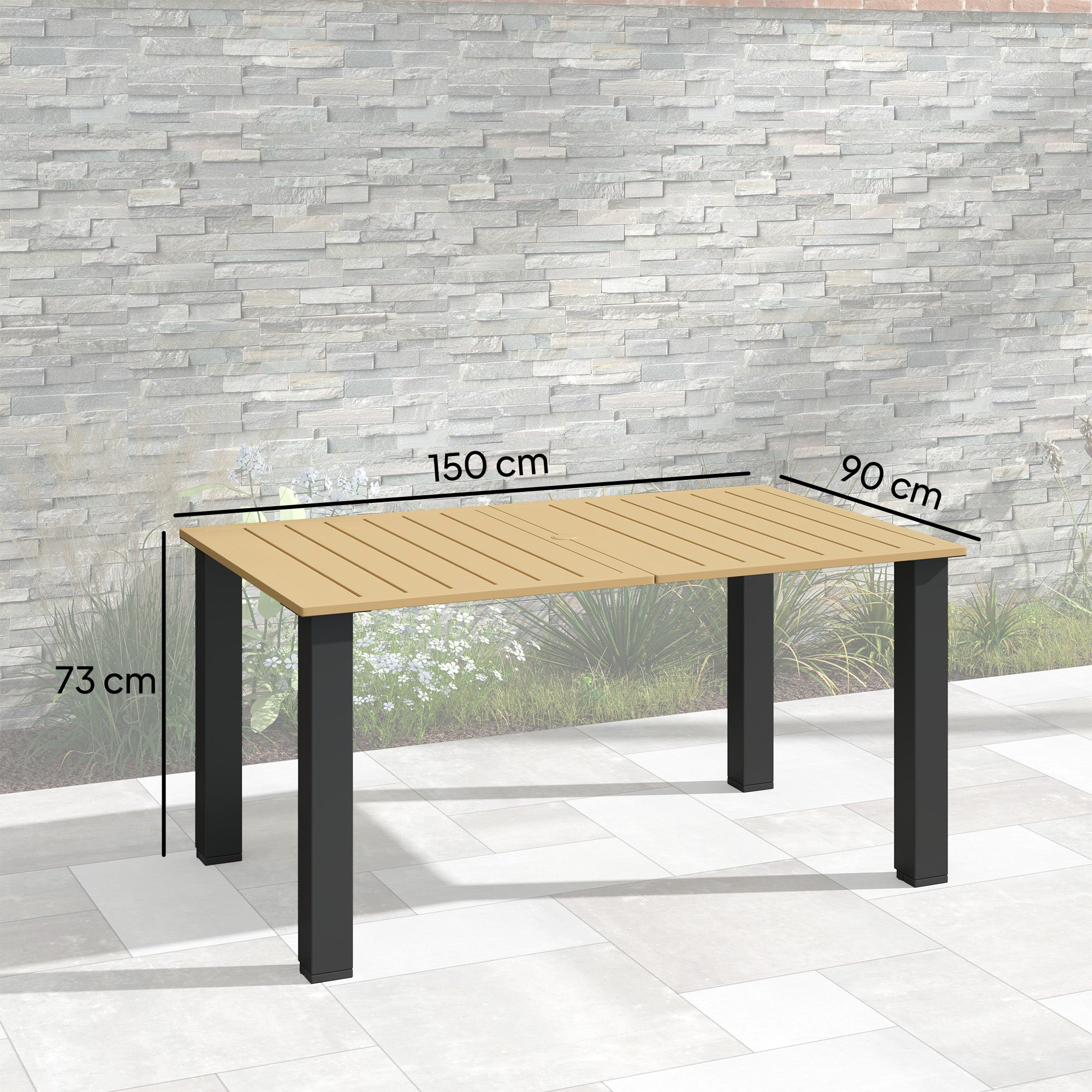 Metal Slatted Top Outdoor Garden Dining Table for 6 People With Parasol Hole - Velmora