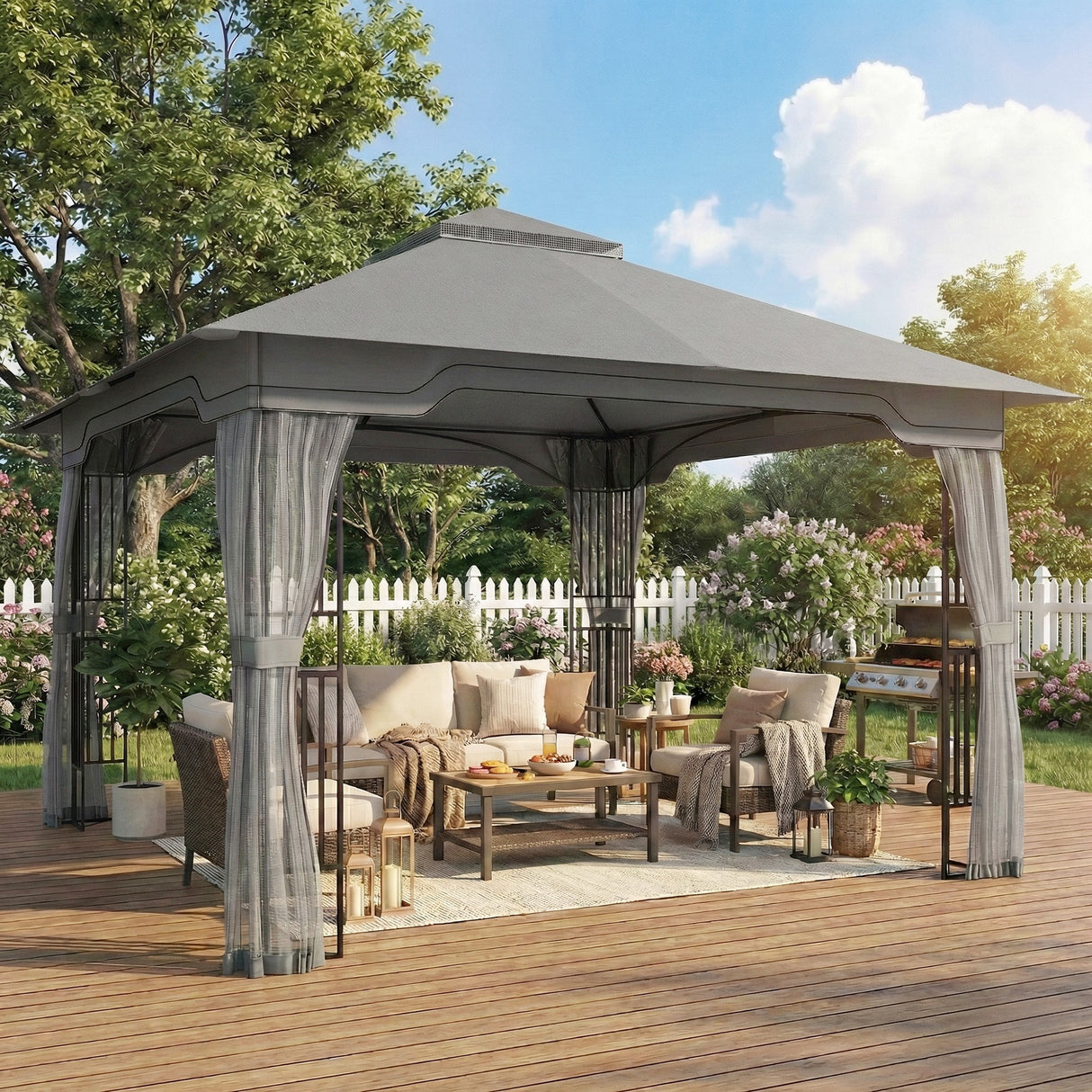 Metal Softtop Gazebo 330cm Width x 330cm Depth With Mosquito Netting - Velmora