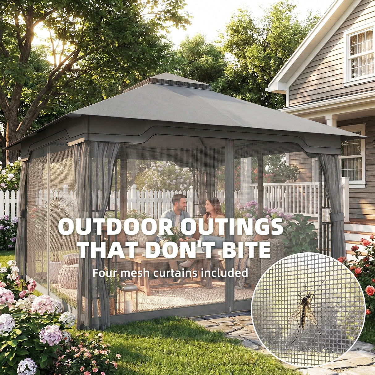 Metal Softtop Gazebo 330cm Width x 330cm Depth With Mosquito Netting - Velmora