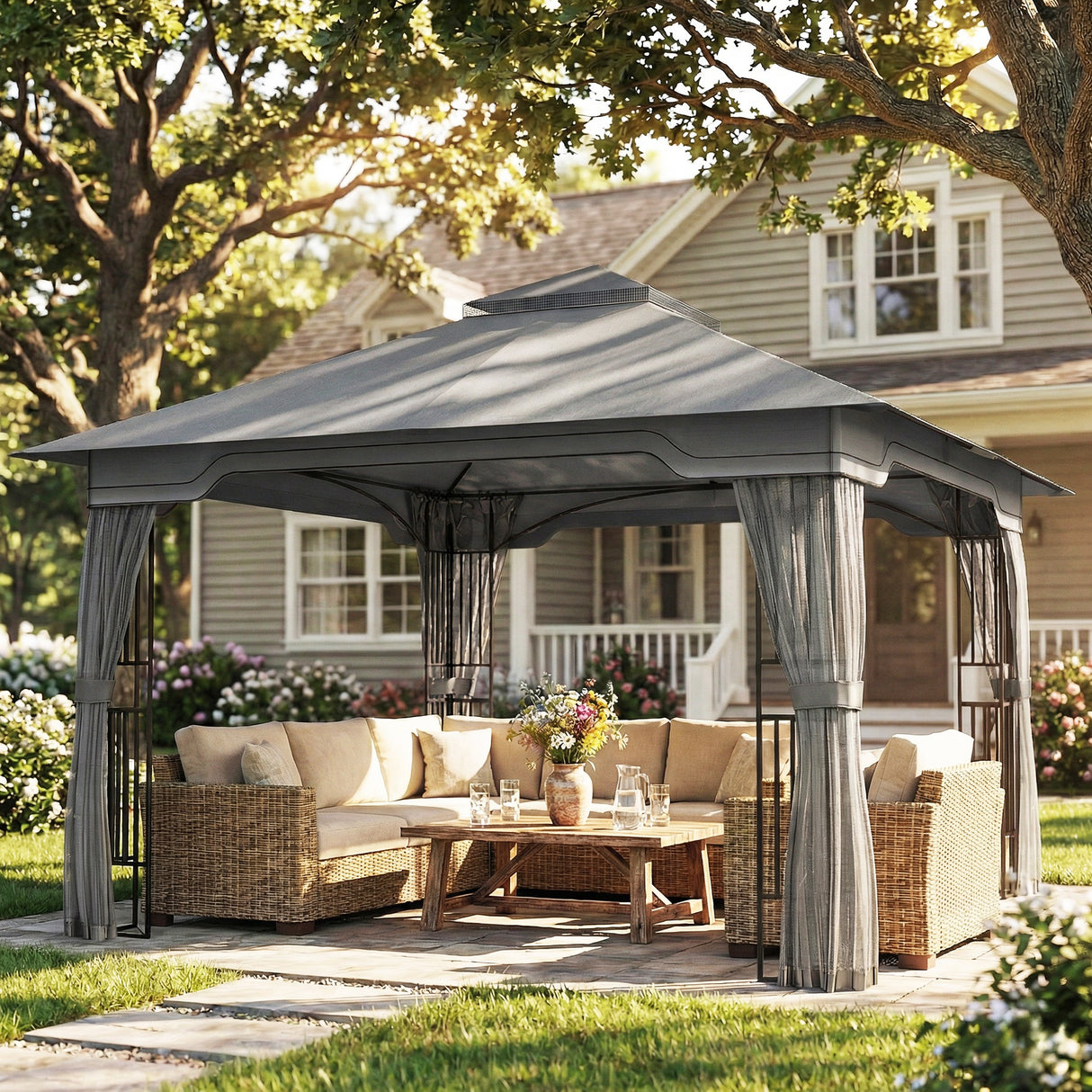 Metal Softtop Gazebo 330cm Width x 330cm Depth With Mosquito Netting - Velmora
