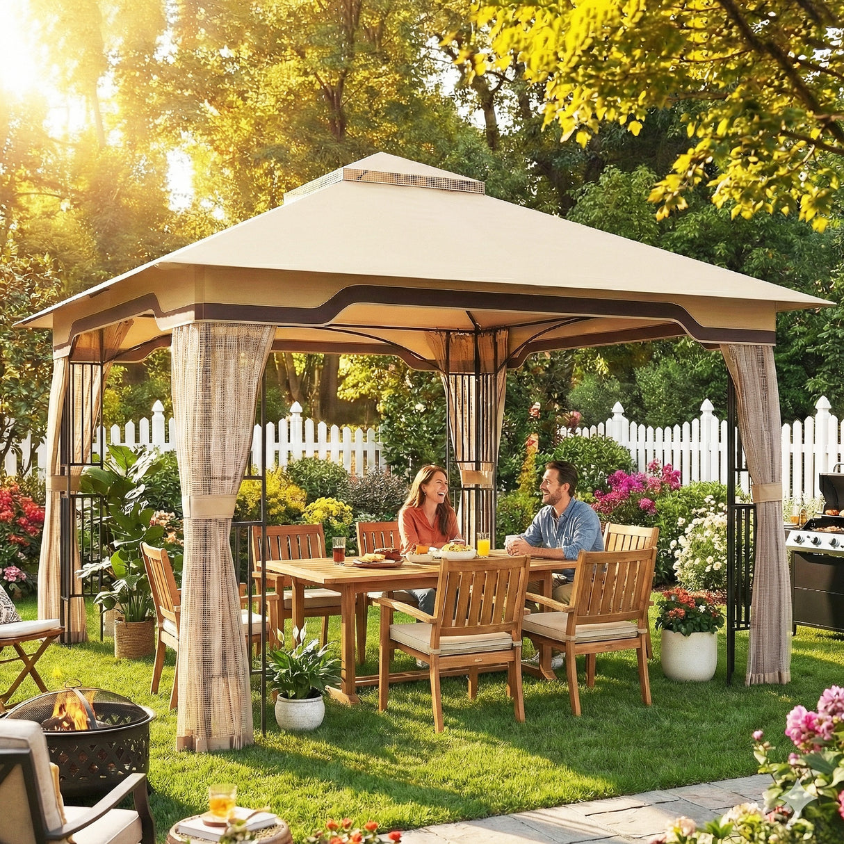 Metal Softtop Gazebo 330cm Width x 330cm Depth With Mosquito Netting - Velmora