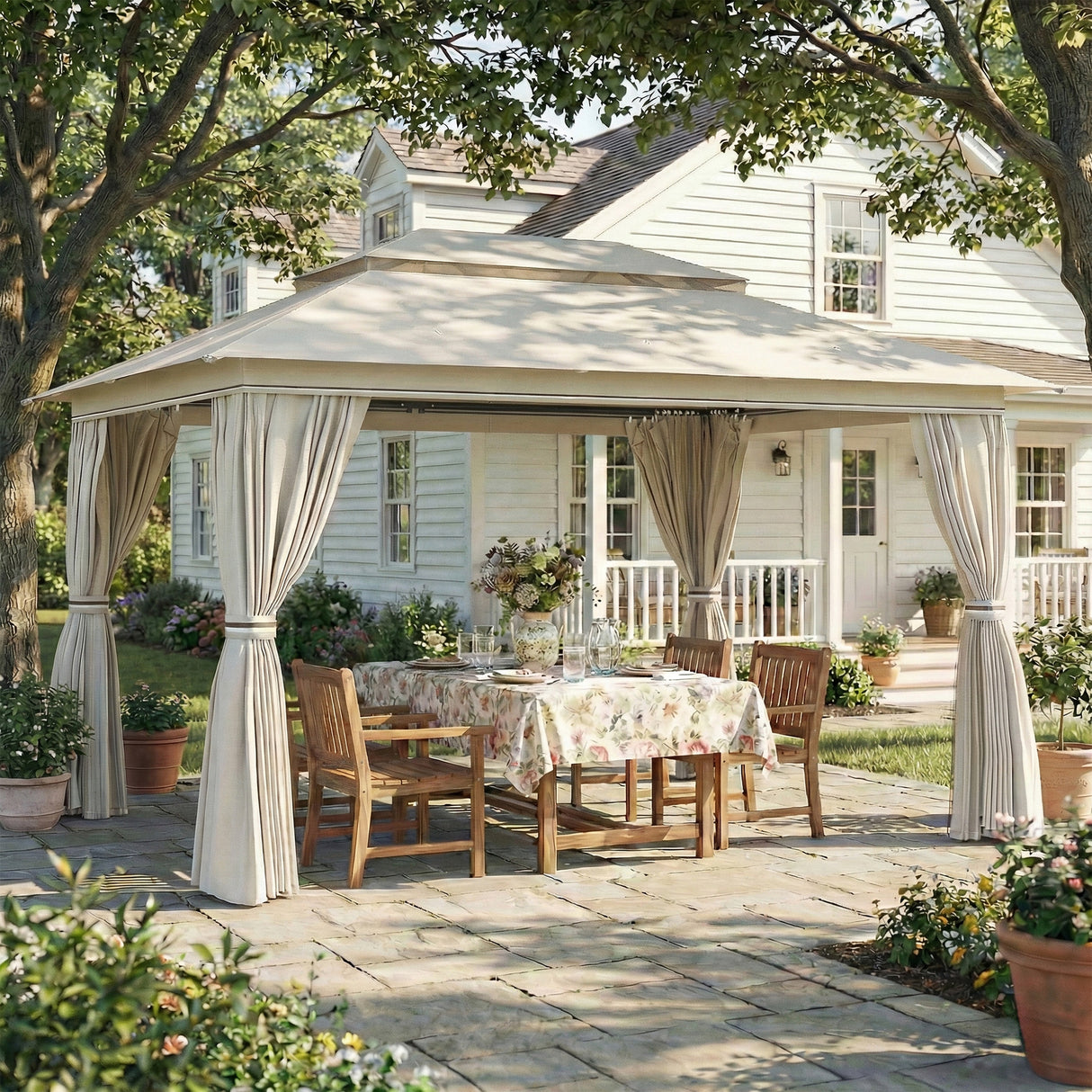 Metal Softtop Gazebo 400cm Width x 300cm Depth With Curtains - Velmora