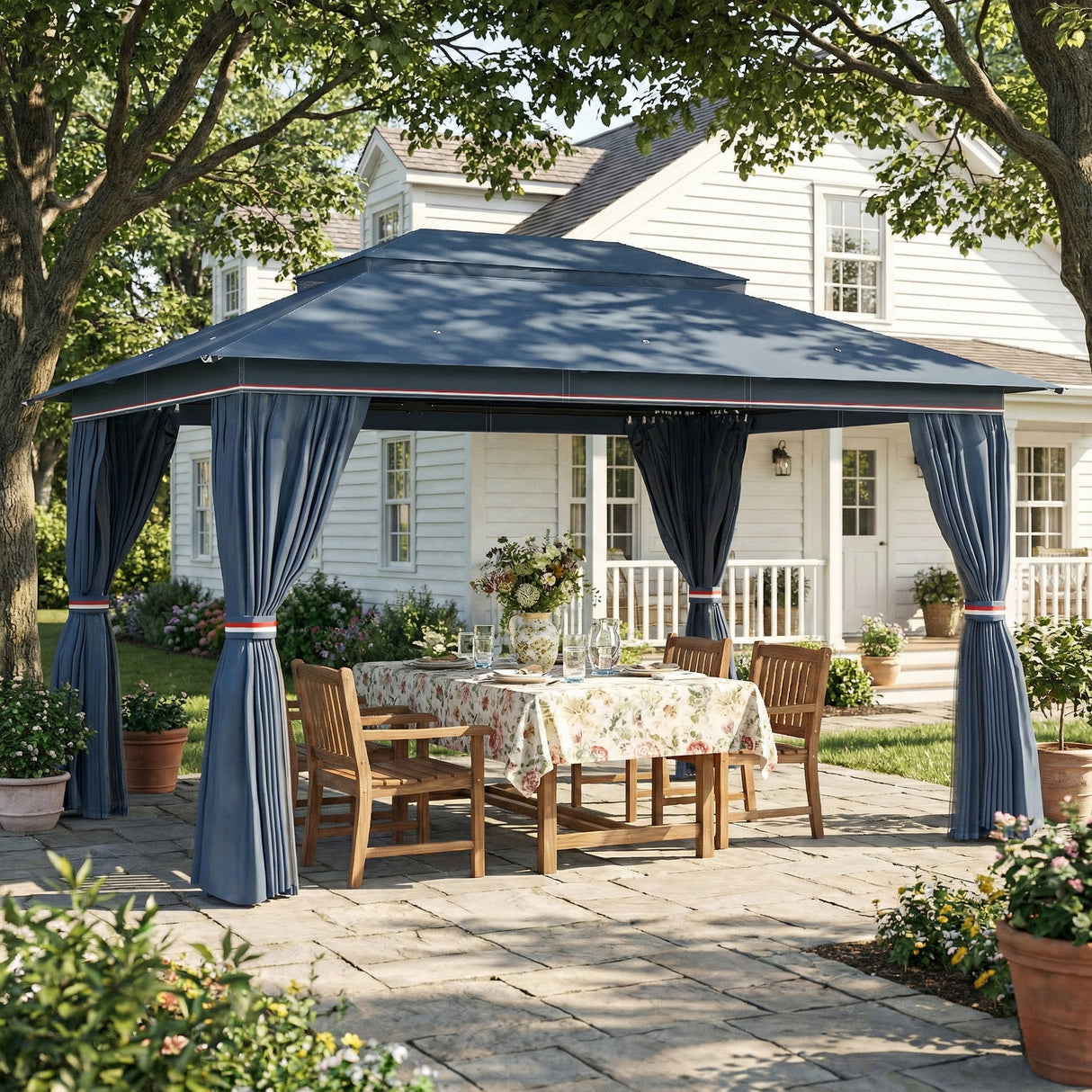Metal Softtop Gazebo 400cm Width x 300cm Depth With Curtains - Velmora