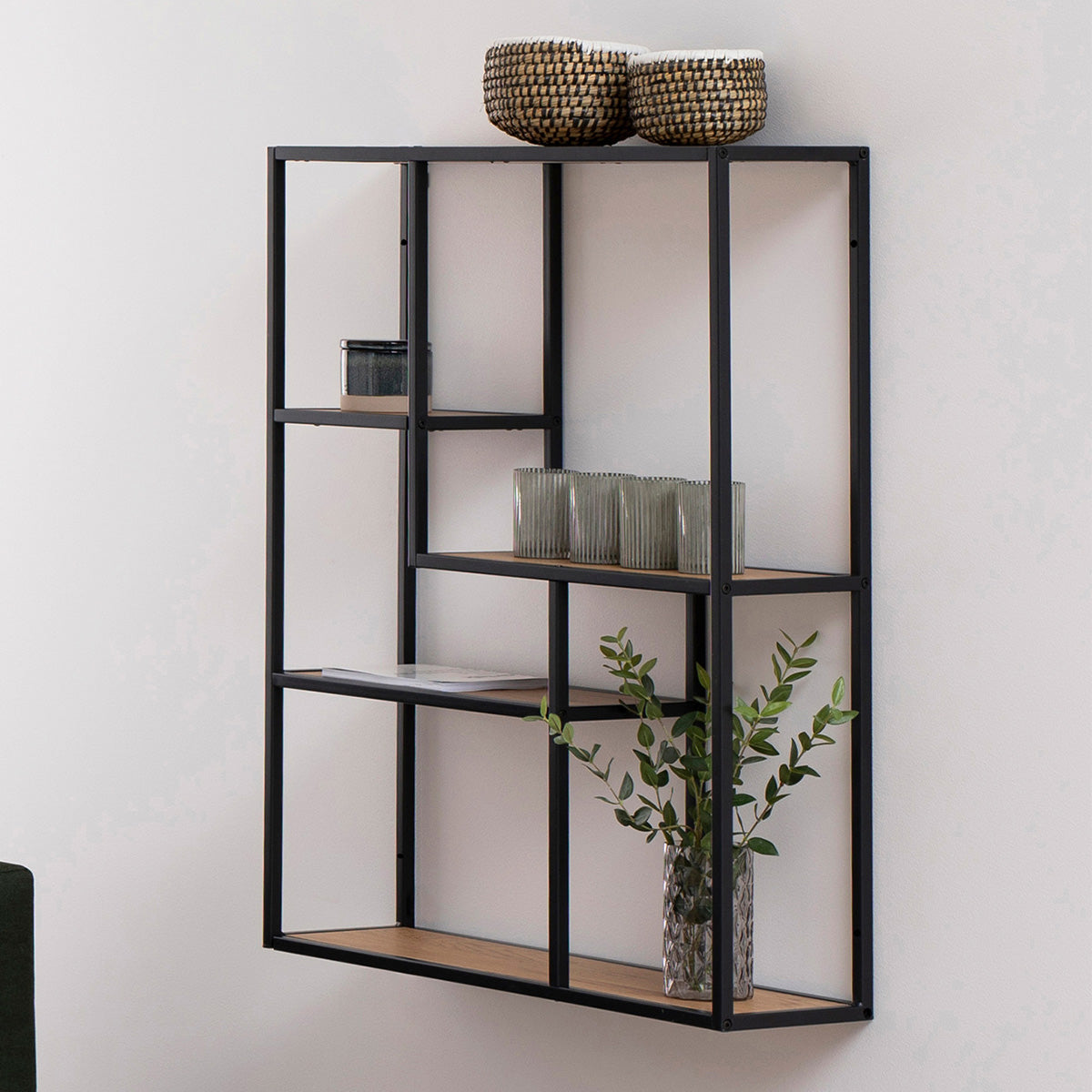 Metal Wall Shelf Wide in Black With 3 Additional Shelves - Seaford