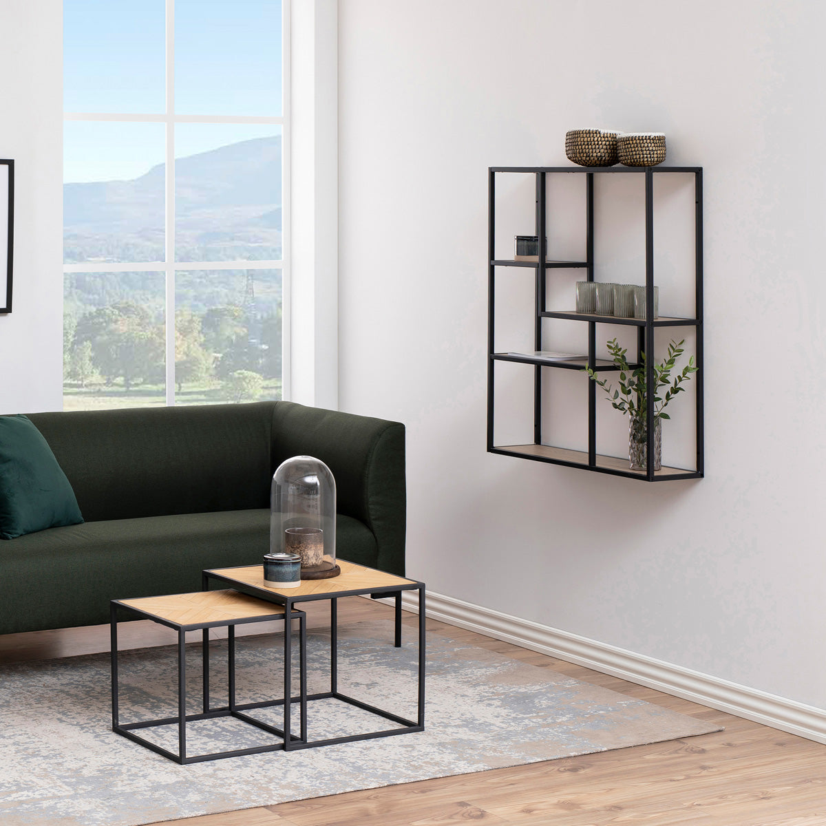 Metal Wall Shelf Wide in Black With 3 Additional Shelves - Seaford