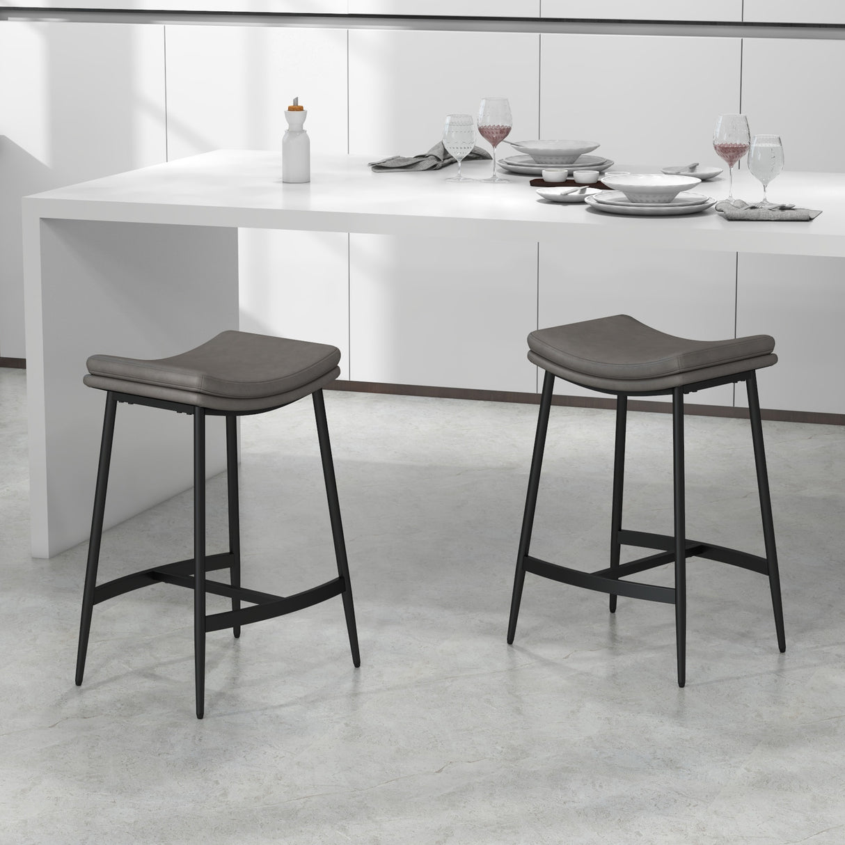 Microfibre Fabric Breakfast Bar Stools in Set Of 2 With Curved Seat - Velmora