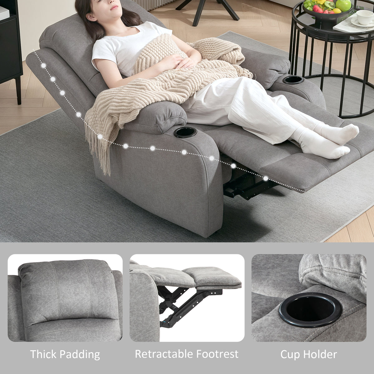 Microfibre Fabric Recliner Chair 87cm Wide With Footrest - Velmora