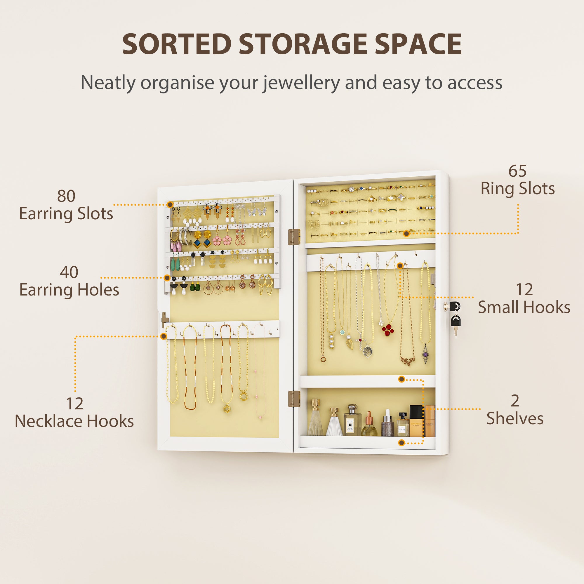 Mirrored Jewellery Storage Cabinet 36.5cm Wide Wall Mounted - Velmora
