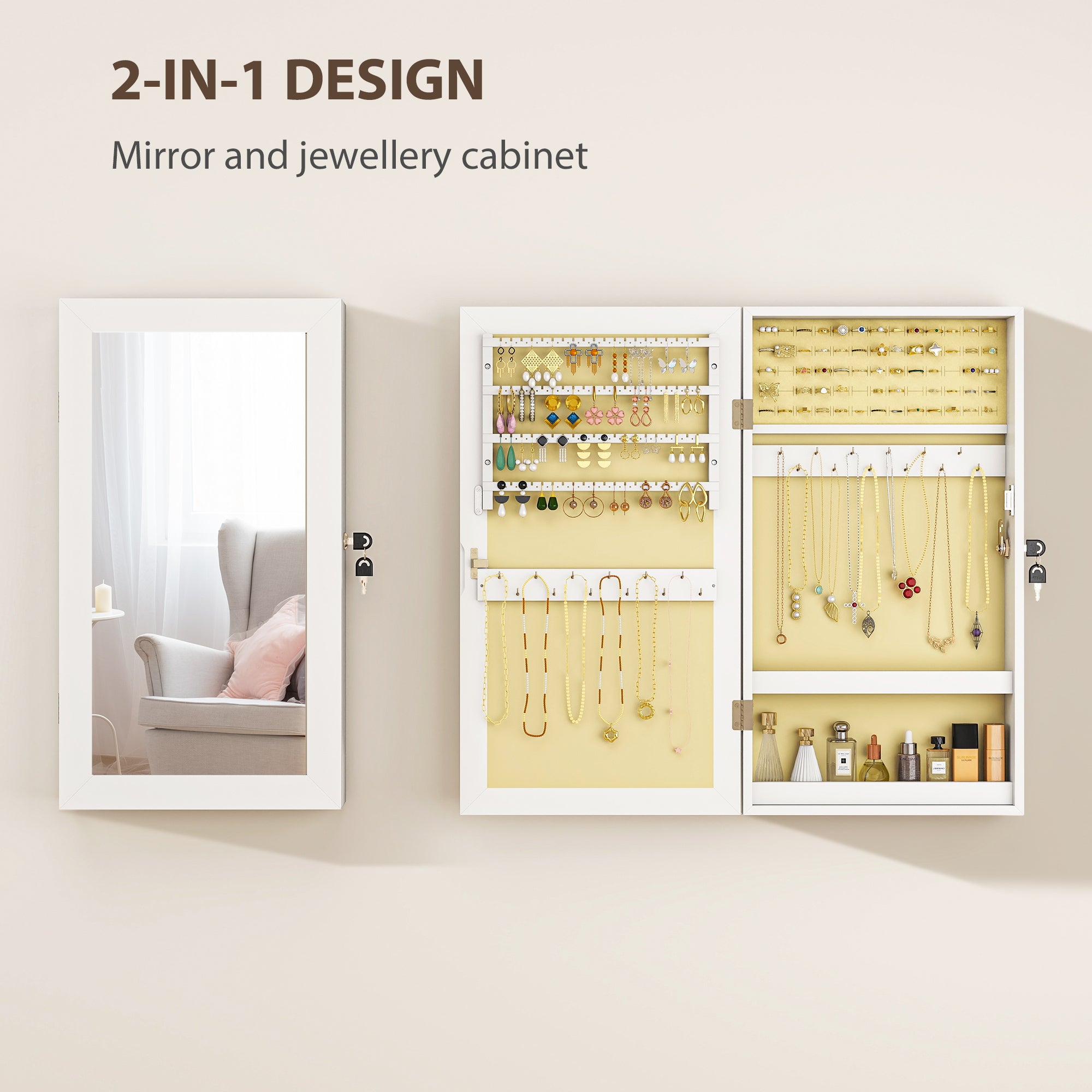 Mirrored Jewellery Storage Cabinet 36.5cm Wide Wall Mounted - Velmora