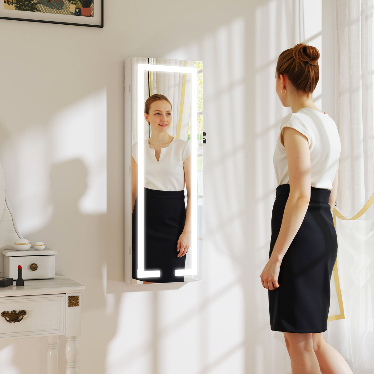 Mirrored Jewellery Storage Cabinet 37cm Wide Wall Hung Lockable With LED Lights - Velmora