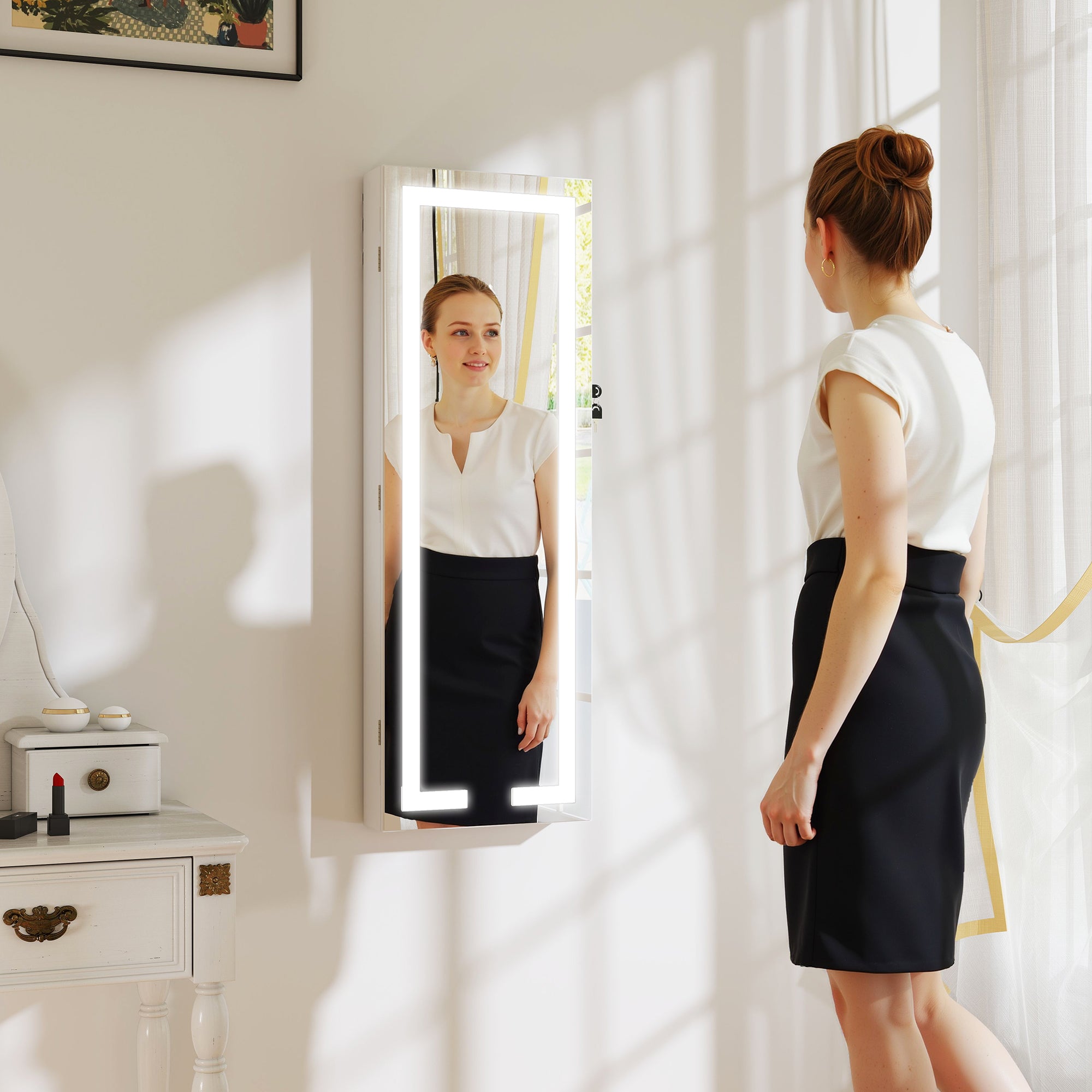 Mirrored Jewellery Storage Cabinet 37cm Wide Wall Hung Lockable With LED Lights - Velmora