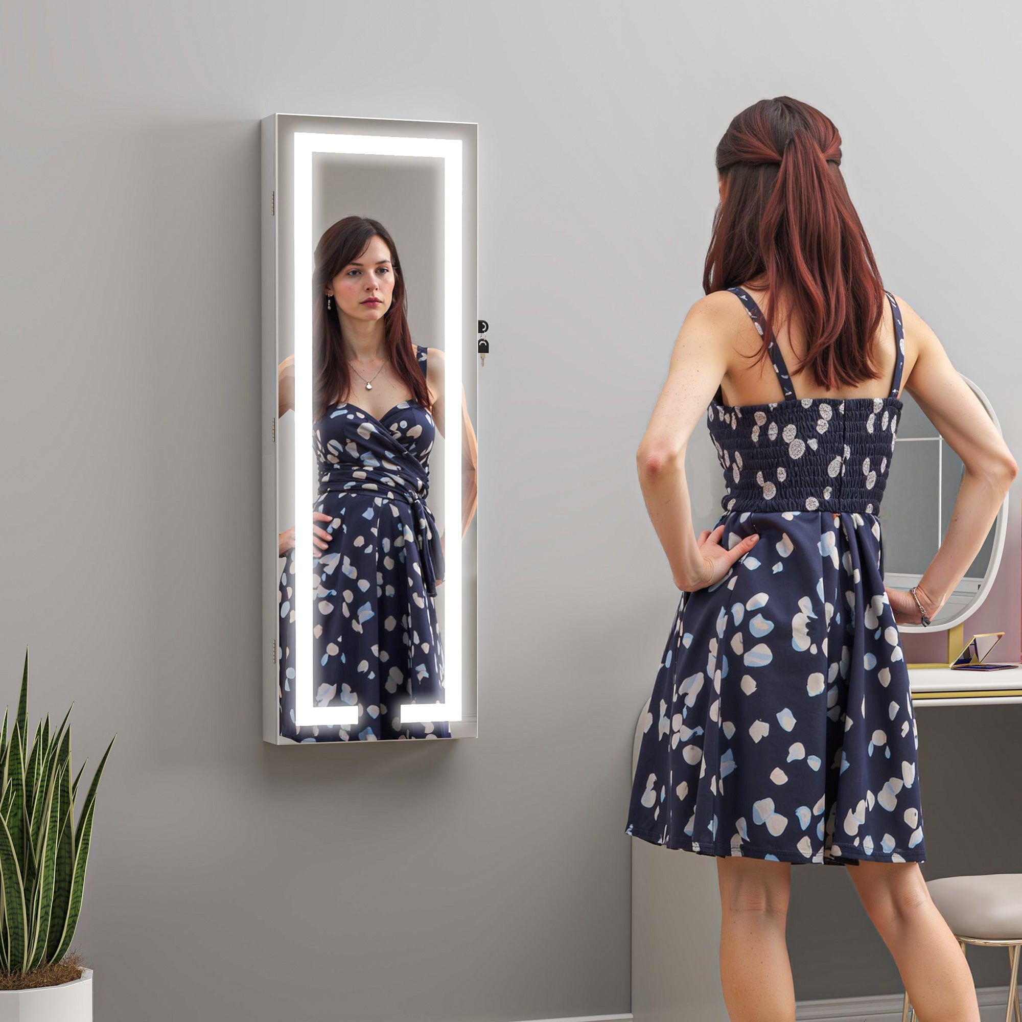 Mirrored Jewellery Storage Cabinet 37cm Wide Wall Hung Lockable With LED Lights - Velmora