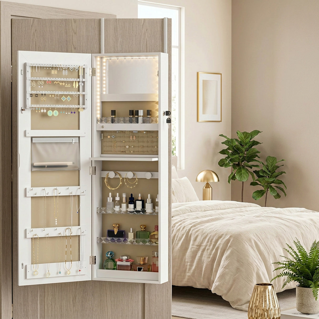 Mirrored Jewellery Storage Cabinet 37cm Wide Wall Hung Lockable With LED Lights - Velmora
