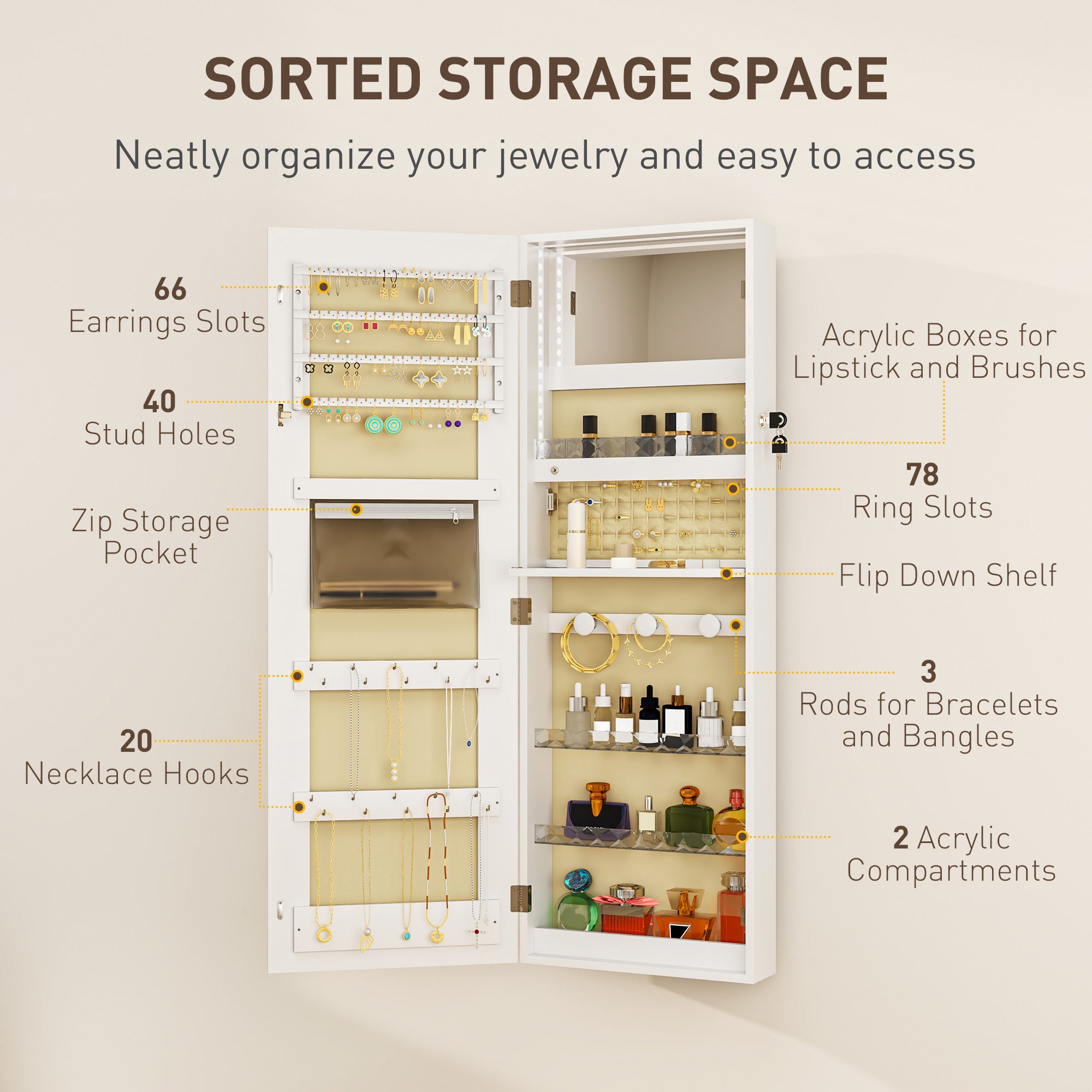 Mirrored Jewellery Storage Cabinet 37cm Wide Wall Hung Lockable With LED Lights - Velmora