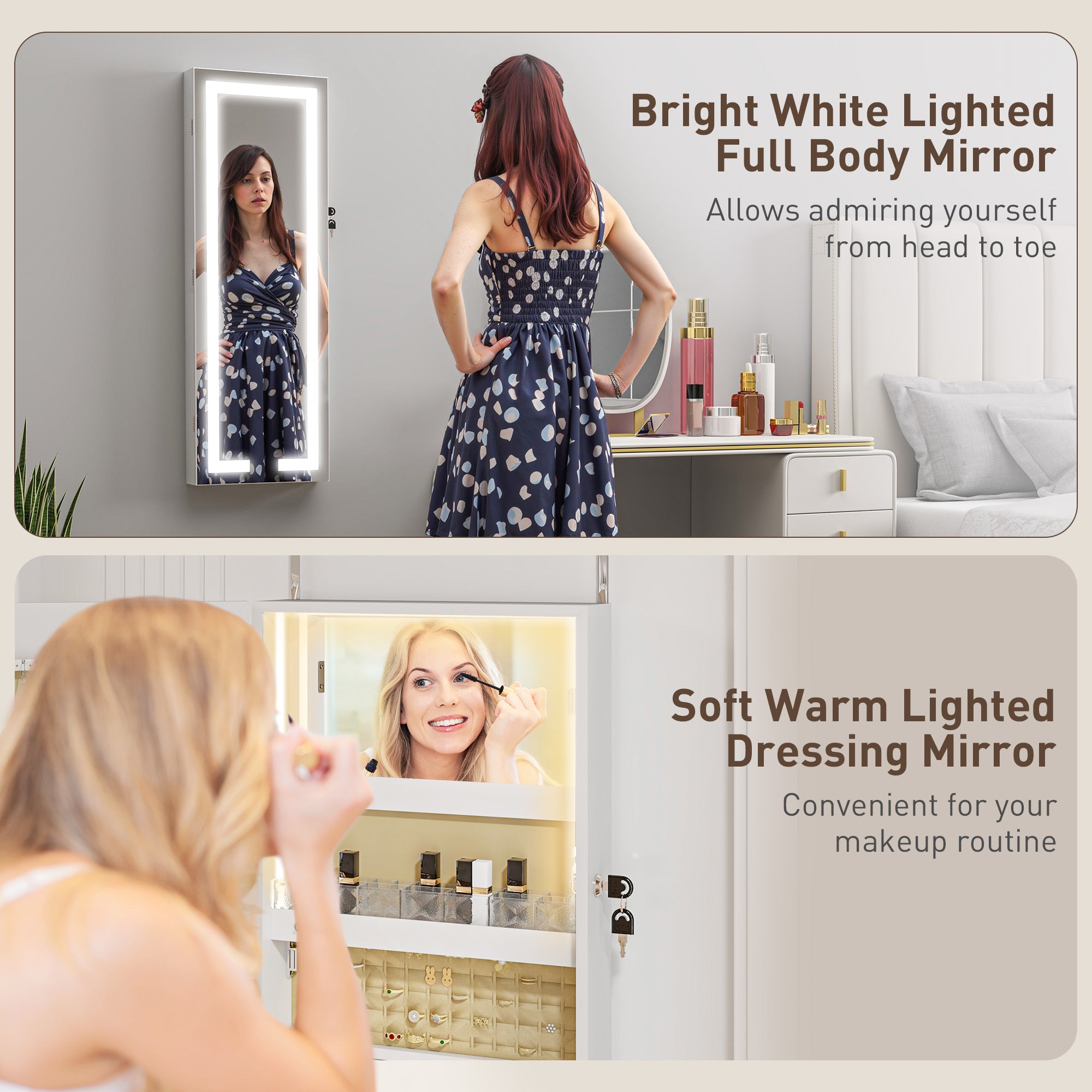 Mirrored Jewellery Storage Cabinet 37cm Wide Wall Hung Lockable With LED Lights - Velmora