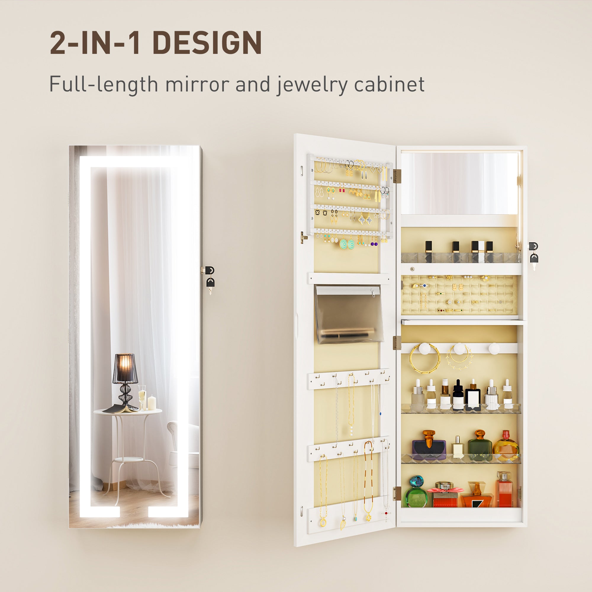Mirrored Jewellery Storage Cabinet 37cm Wide Wall Hung Lockable With LED Lights - Velmora