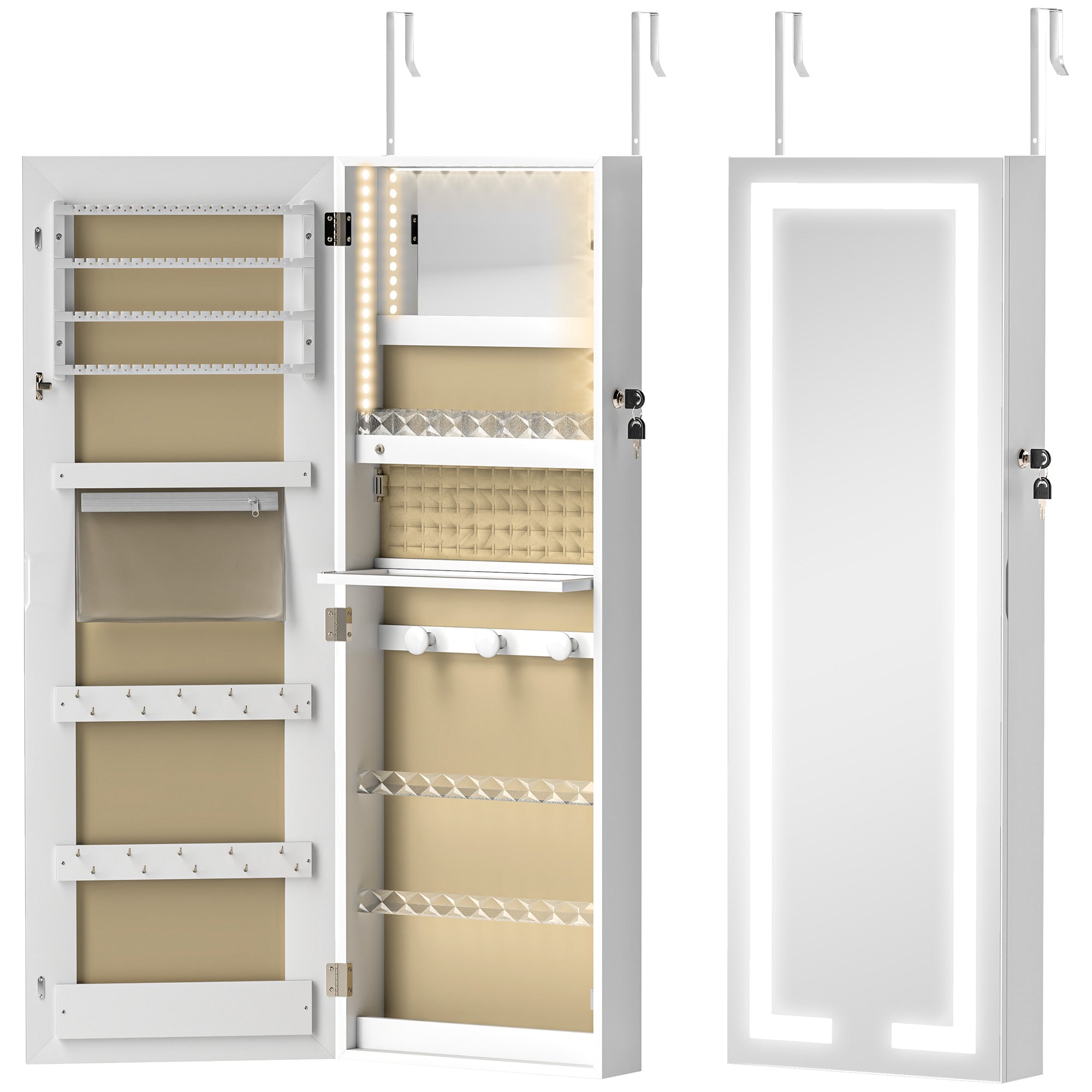 Mirrored Jewellery Storage Cabinet 37cm Wide Wall Hung Lockable With LED Lights - Velmora
