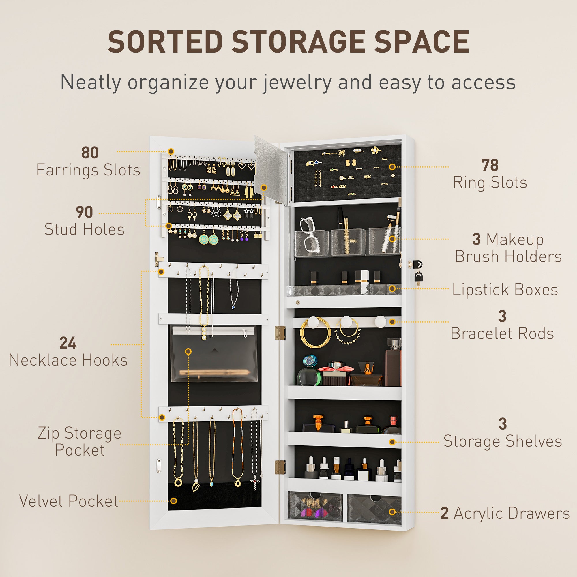 Mirrored Jewellery Storage Cabinet 37cm Wide Wall Mounted With LED Lights - Velmora