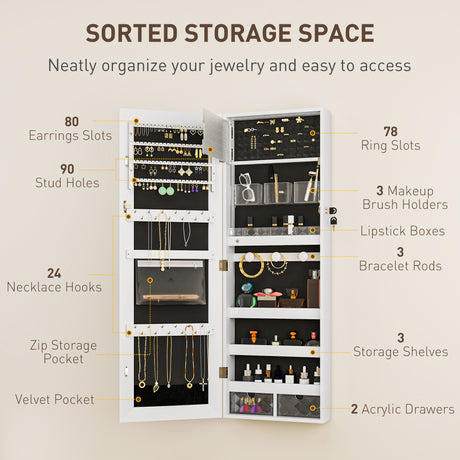 Mirrored Jewellery Storage Cabinet 37cm Wide Wall Mounted With LED Lights - Velmora