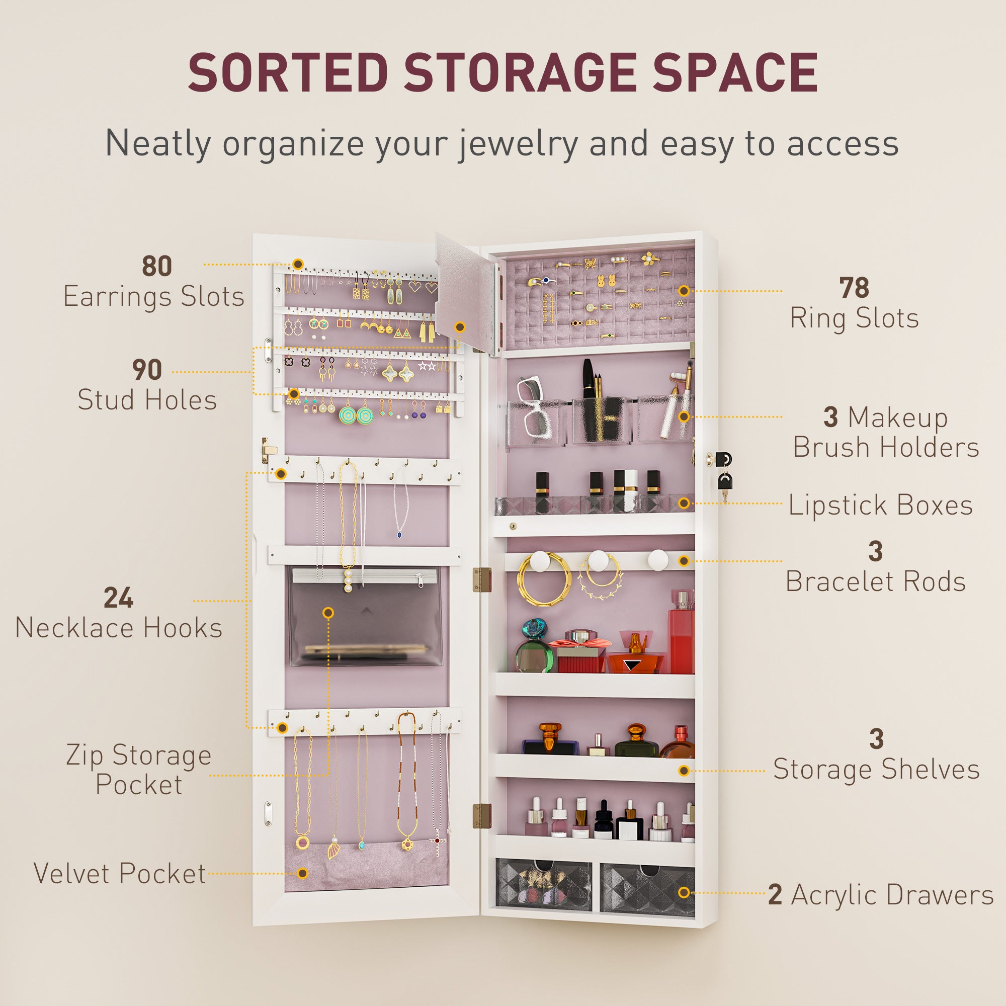 Mirrored Jewellery Storage Cabinet 37cm Wide Wall Mounted With LED Lights - Velmora