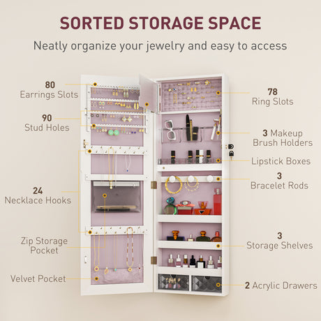 Mirrored Jewellery Storage Cabinet 37cm Wide Wall Mounted With LED Lights - Velmora