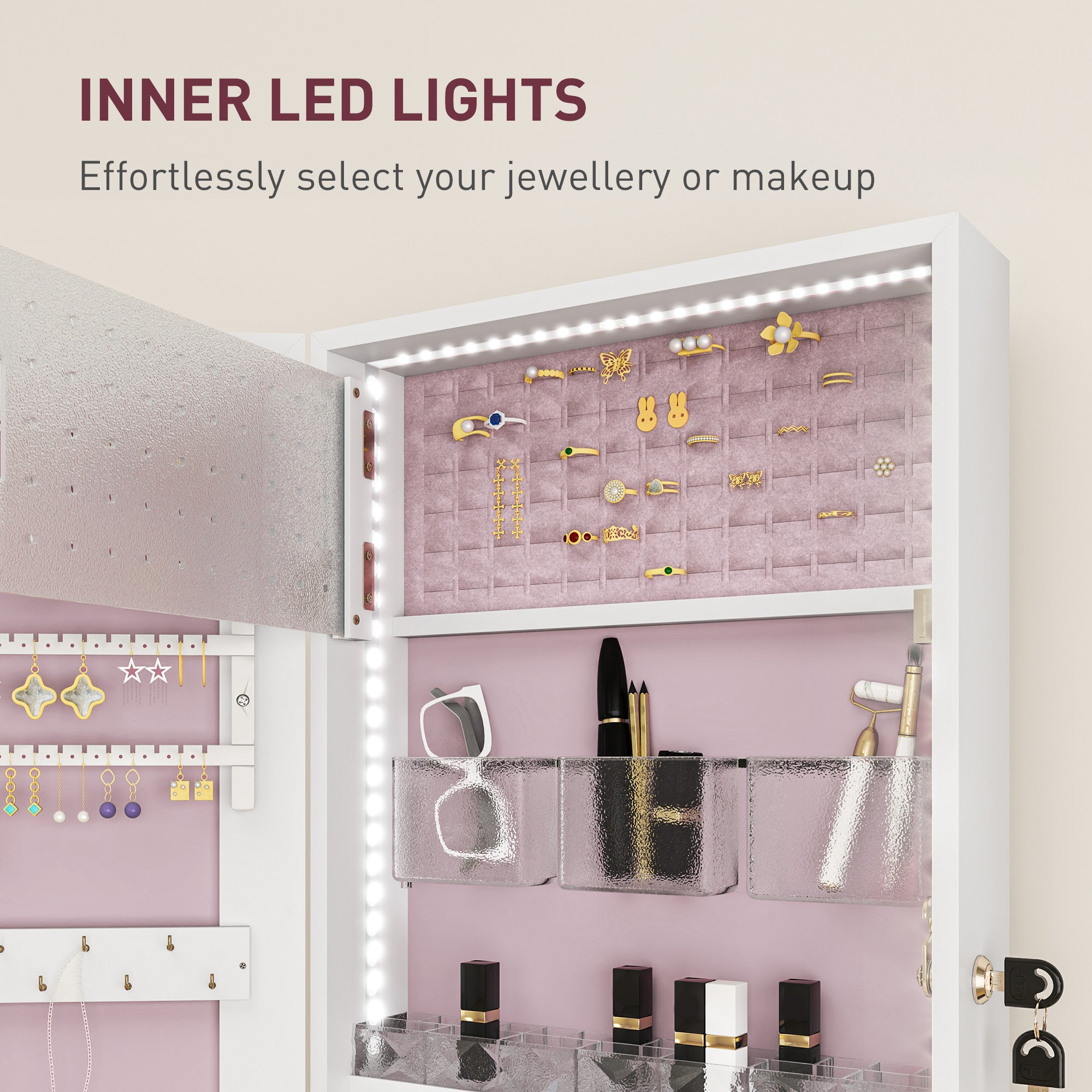 Mirrored Jewellery Storage Cabinet 37cm Wide Wall Mounted With LED Lights - Velmora