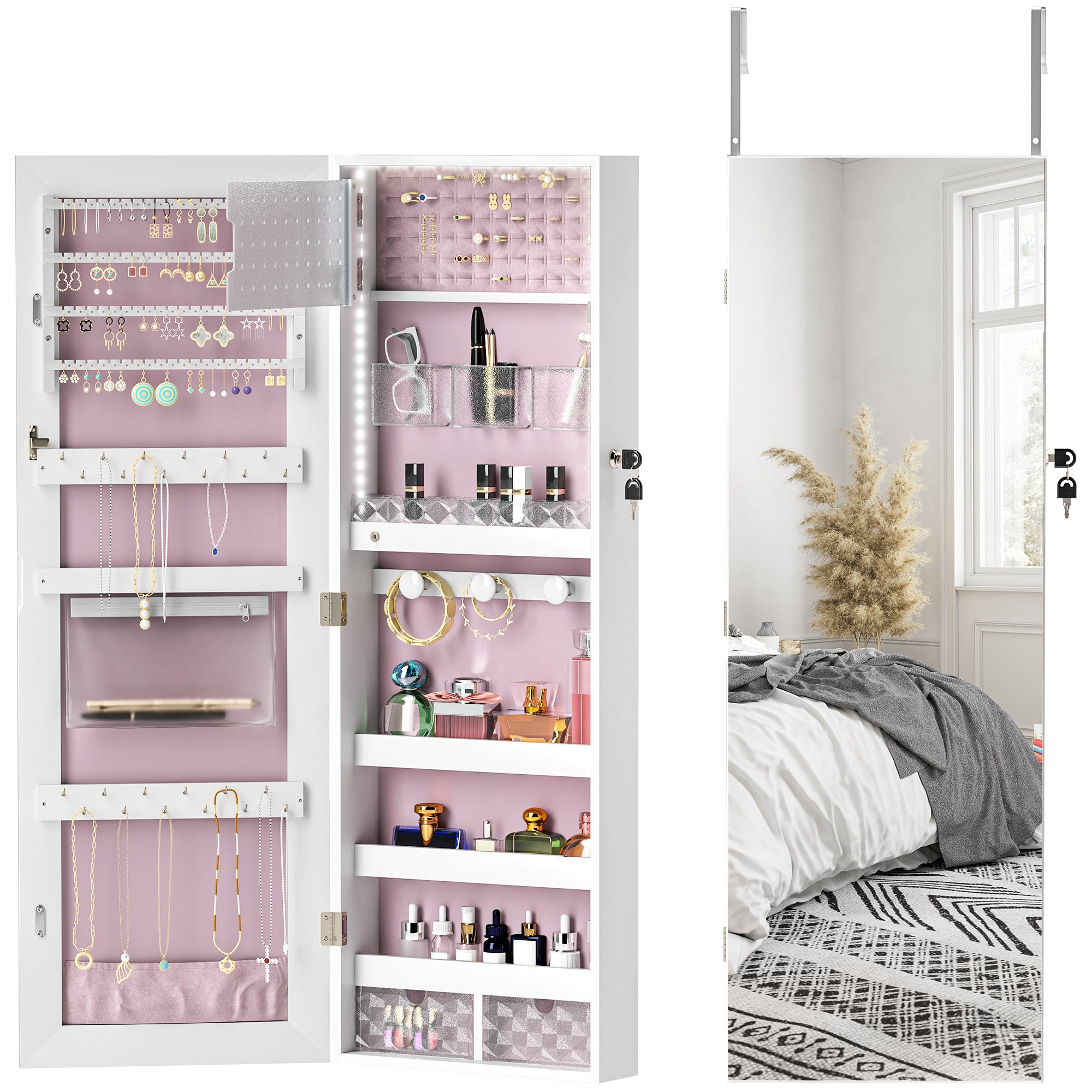 Mirrored Jewellery Storage Cabinet 37cm Wide Wall Mounted With LED Lights - Velmora
