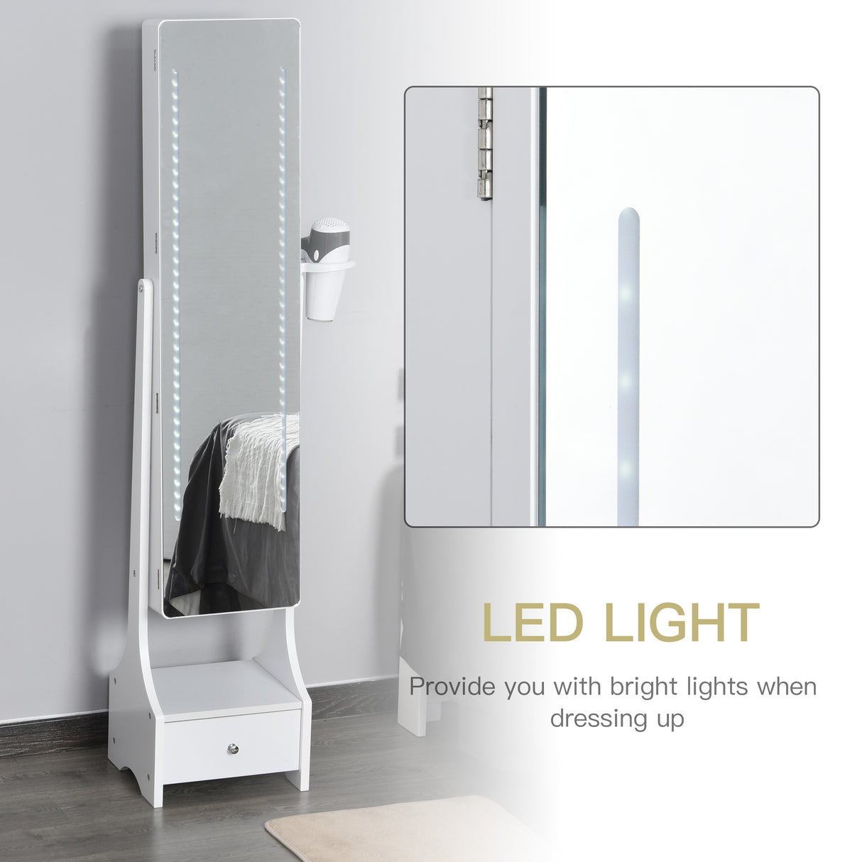 Mirrored Jewellery Storage Cabinet 37cm Wide With LED Lights - Velmora