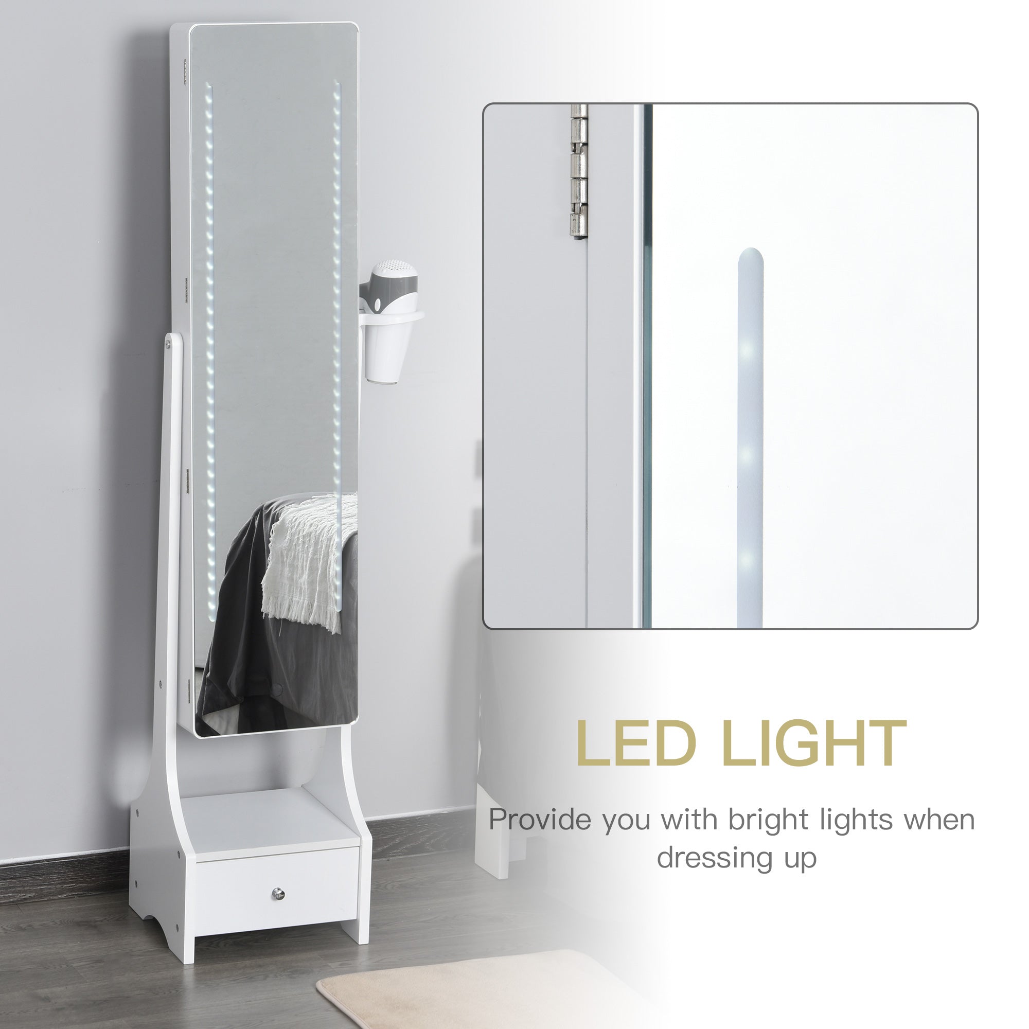 Mirrored Jewellery Storage Cabinet 37cm Wide With LED Lights - Velmora