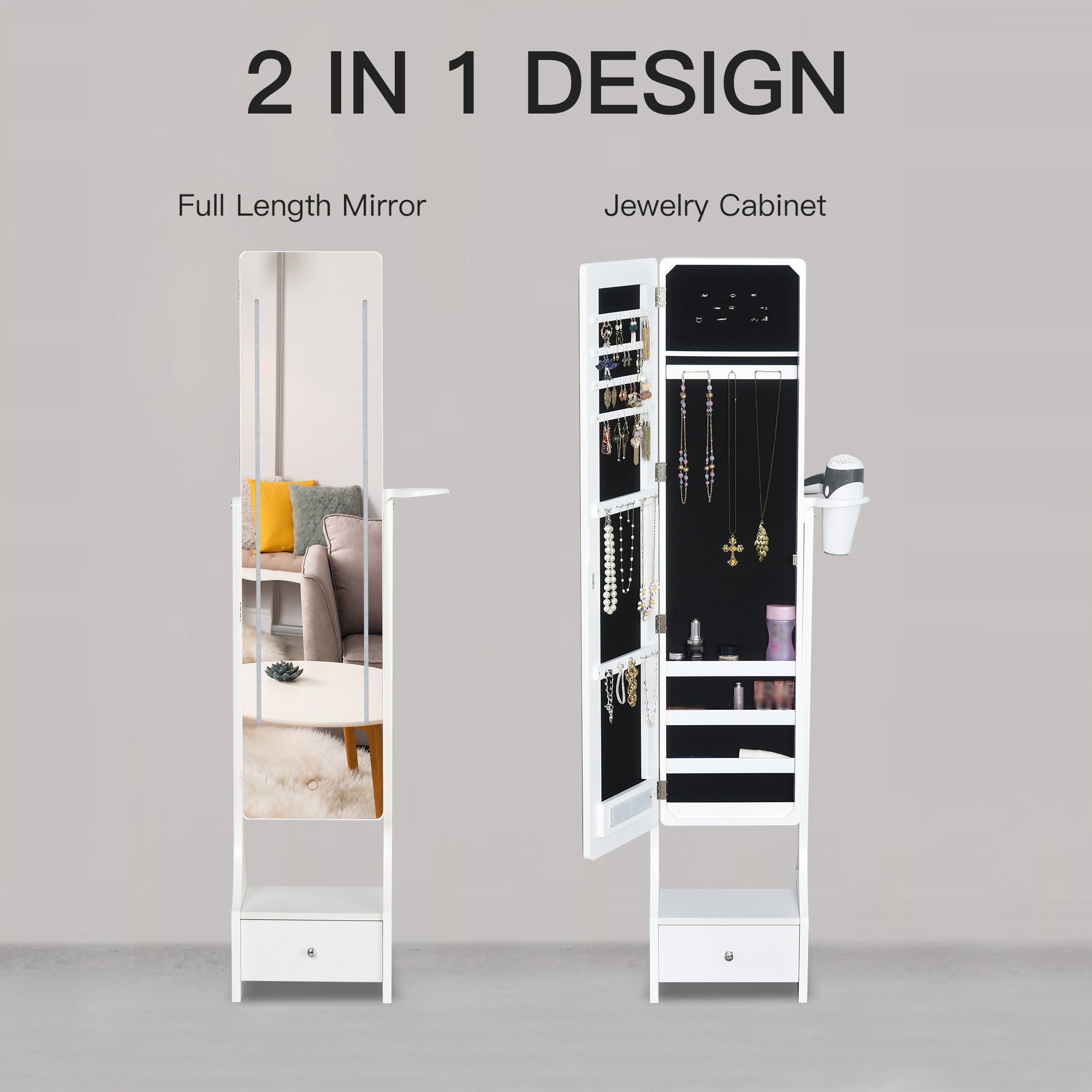 Mirrored Jewellery Storage Cabinet 37cm Wide With LED Lights - Velmora