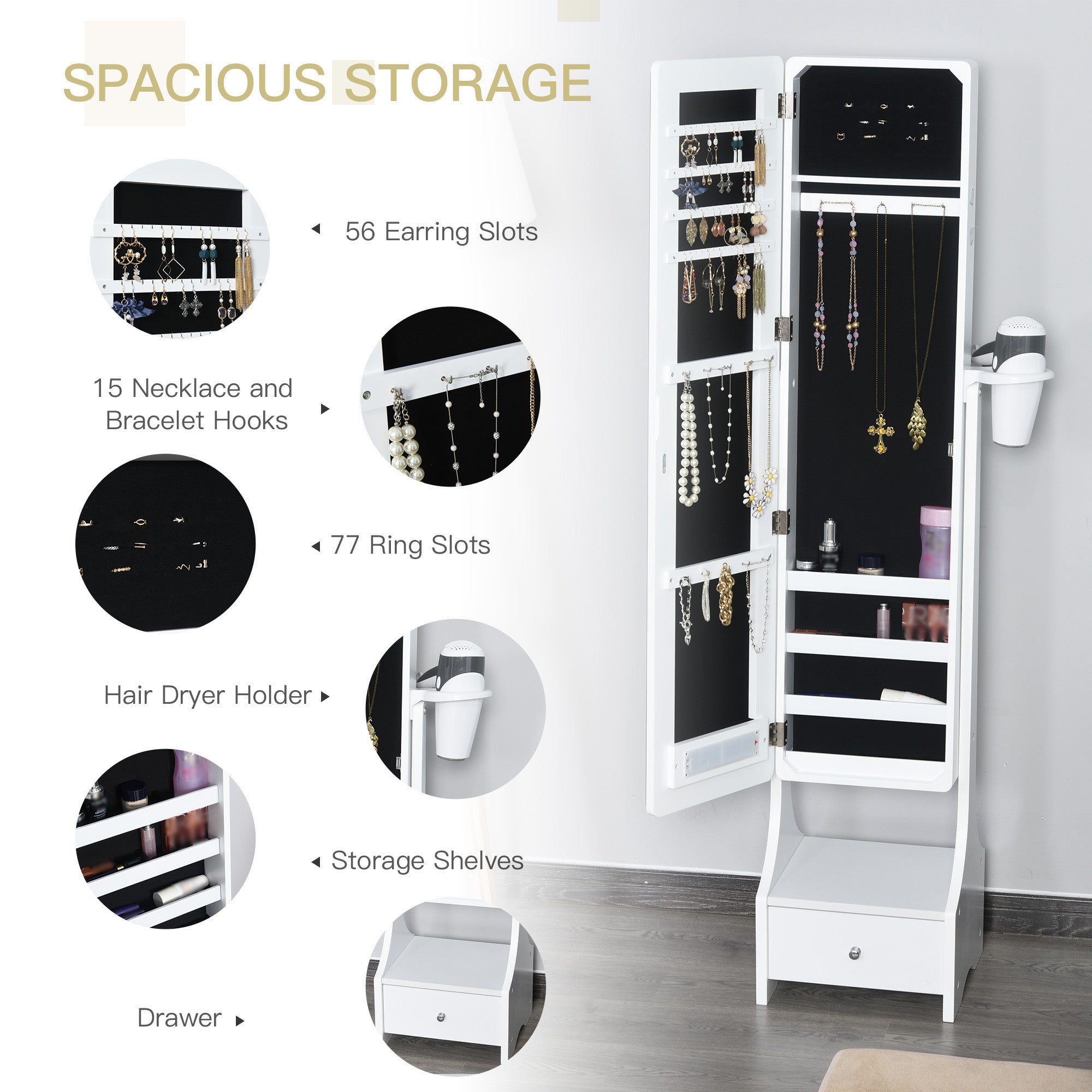 Mirrored Jewellery Storage Cabinet 37cm Wide With LED Lights - Velmora