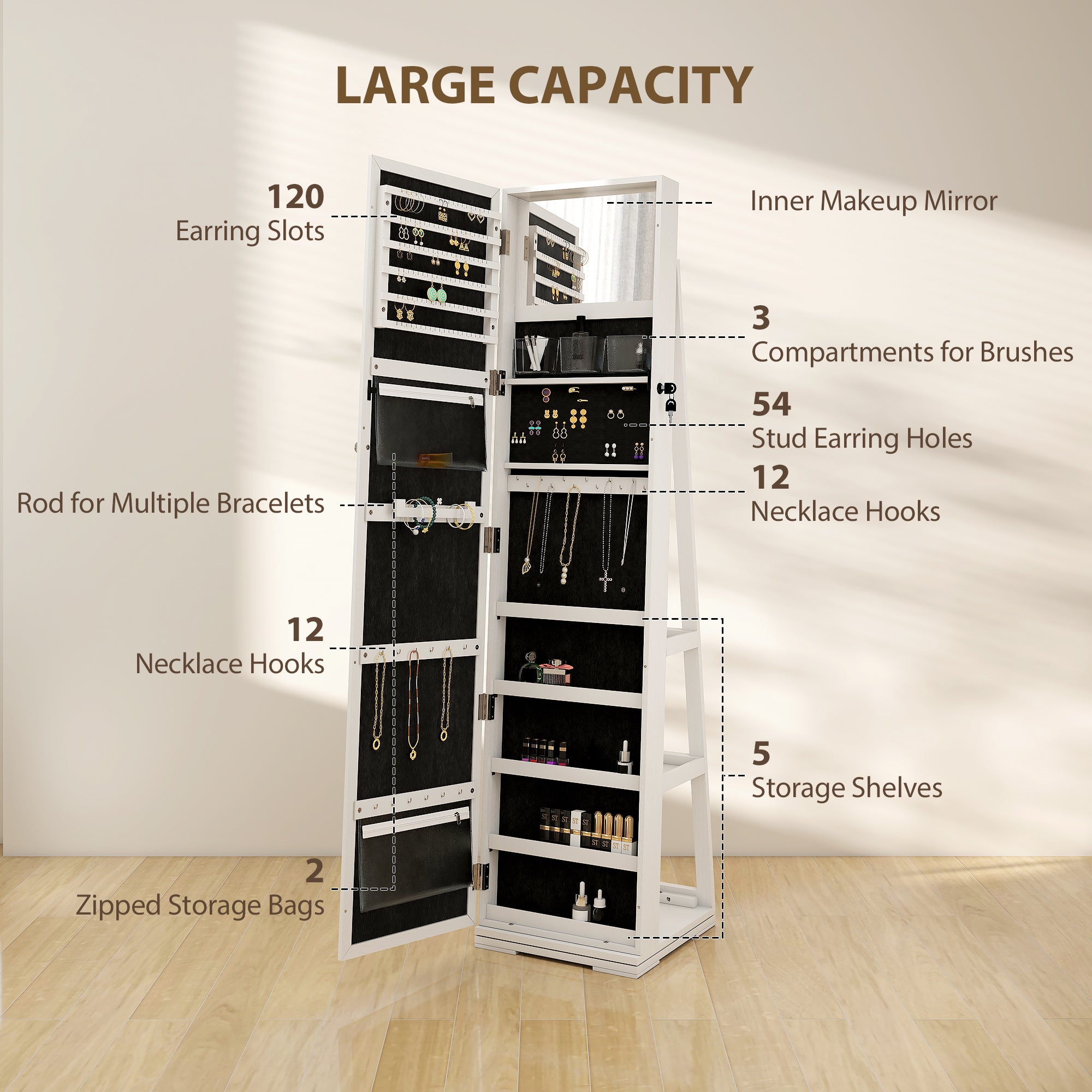 Mirrored Jewellery Storage Cabinet 38cm Wide - Velmora