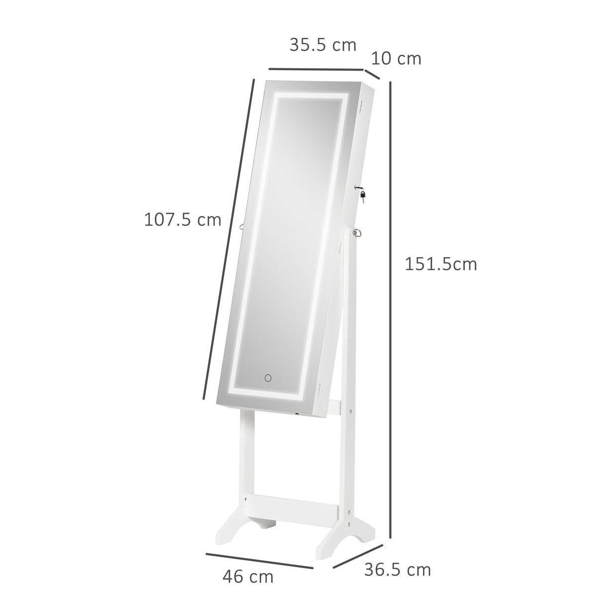 Mirrored Jewellery Storage Cabinet 46cm Wide With LED Lights - Velmora