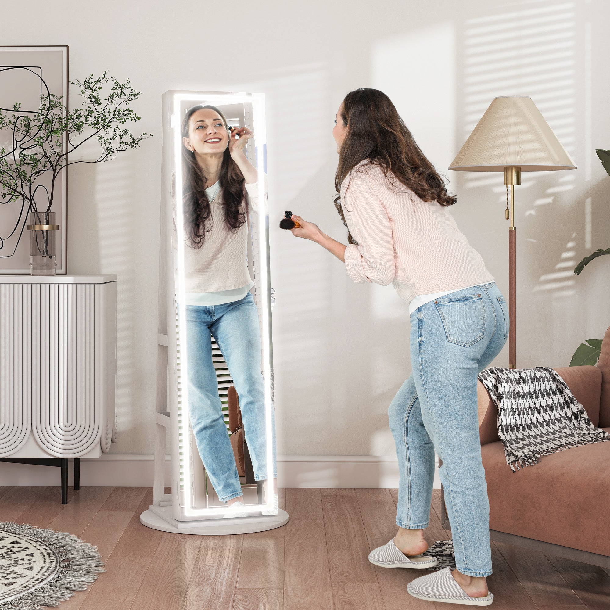 Mirrored Jewellery Storage Cabinet 55cm Wide With LED Lights - Velmora