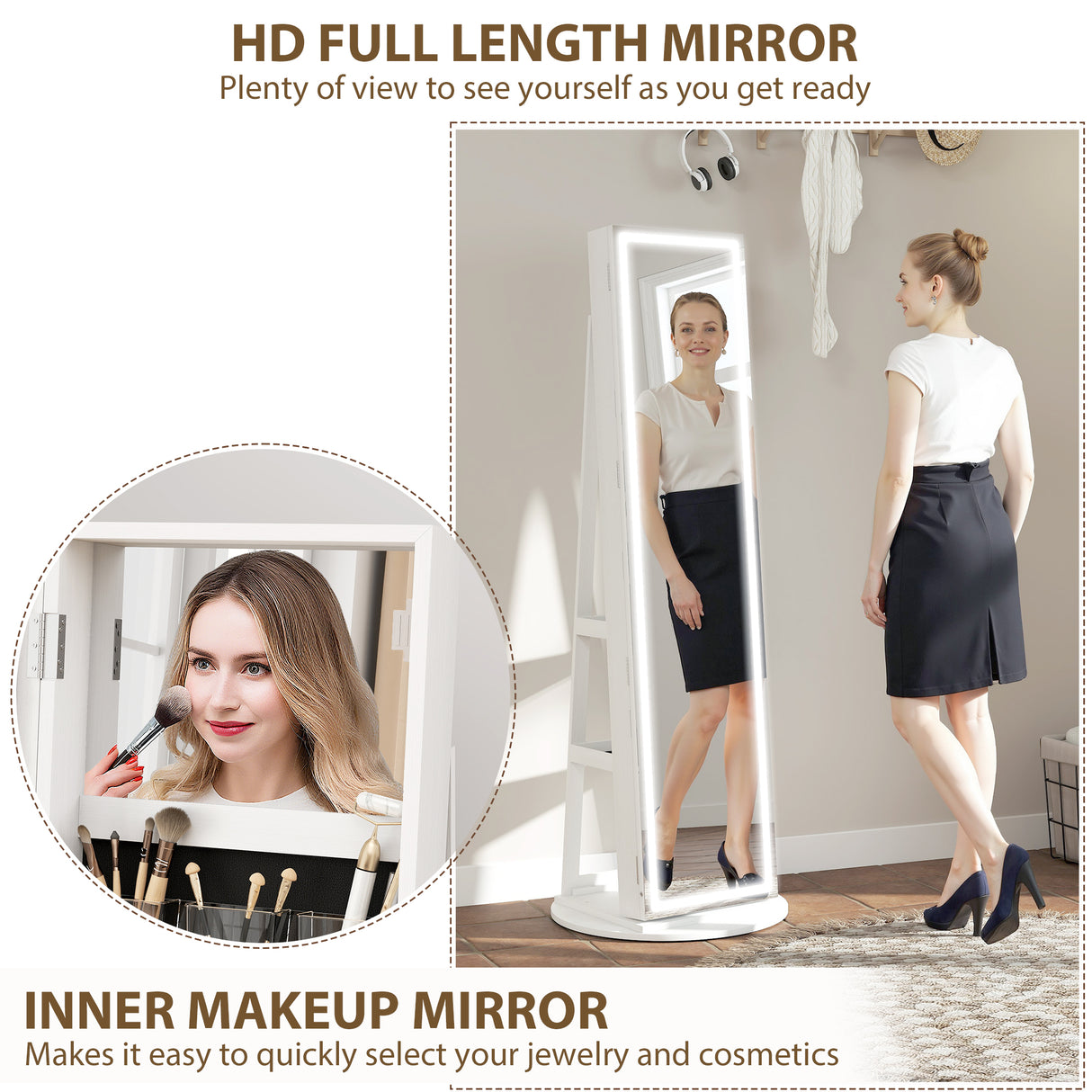 Mirrored Jewellery Storage Cabinet 55cm Wide With LED Lights - Velmora