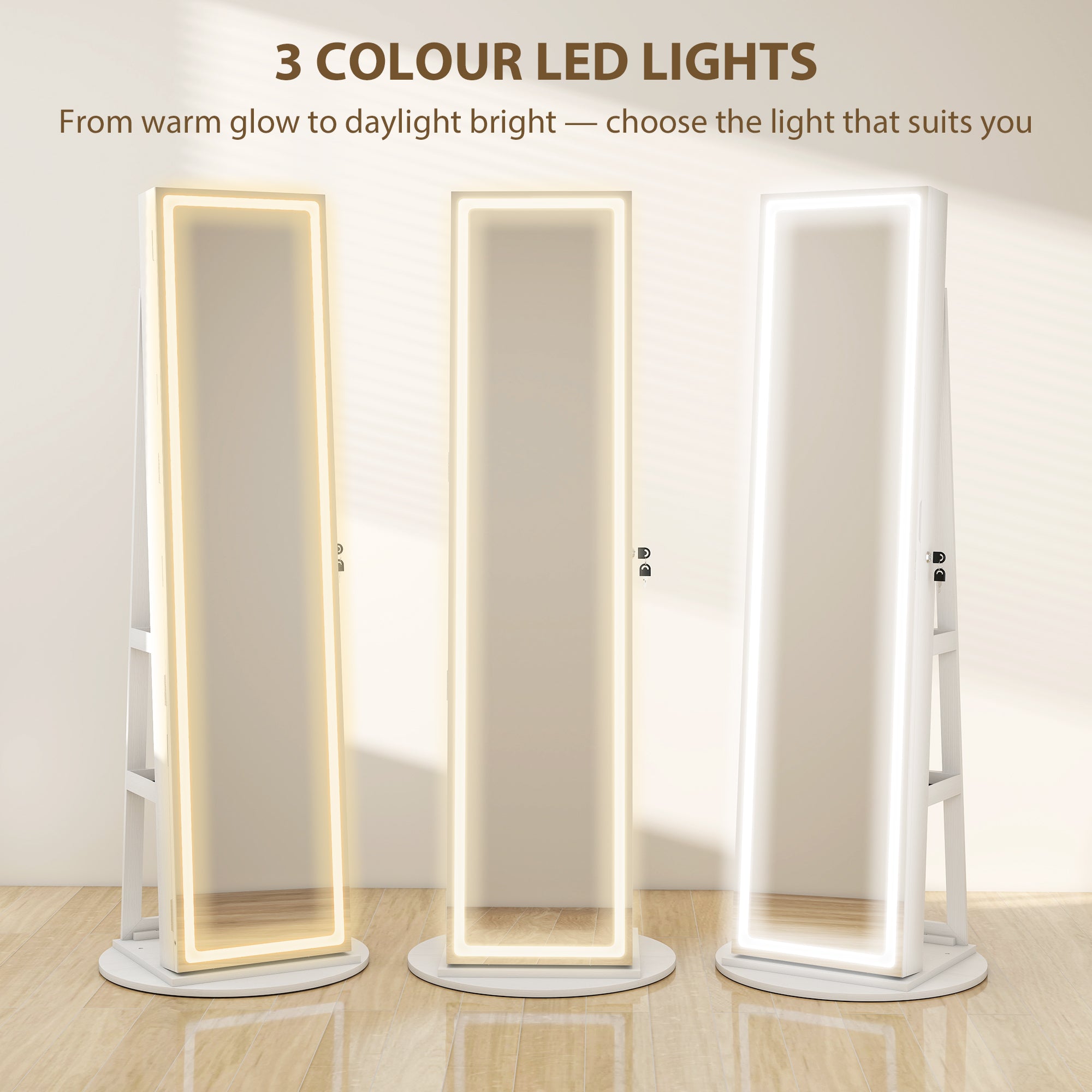 Mirrored Jewellery Storage Cabinet 55cm Wide With LED Lights - Velmora