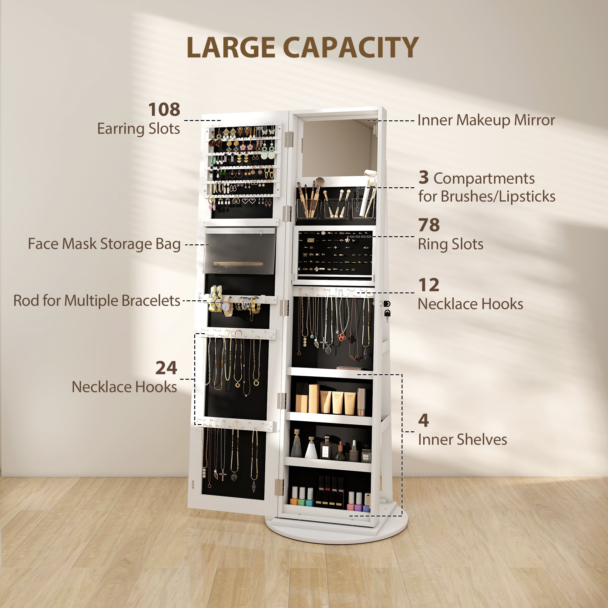 Mirrored Jewellery Storage Cabinet 55cm Wide With LED Lights - Velmora