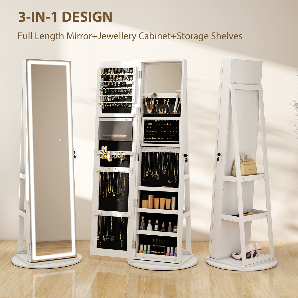 Mirrored Jewellery Storage Cabinet 55cm Wide With LED Lights - Velmora