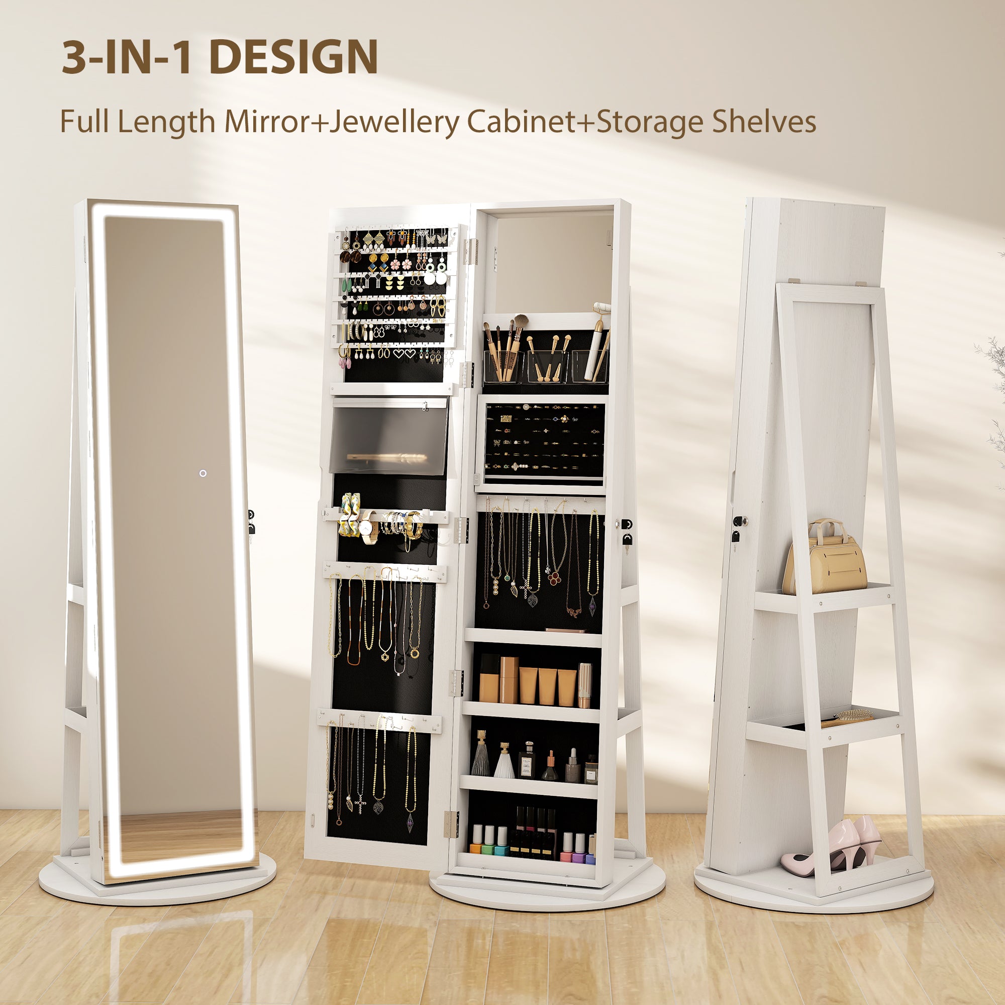 Mirrored Jewellery Storage Cabinet 55cm Wide With LED Lights - Velmora