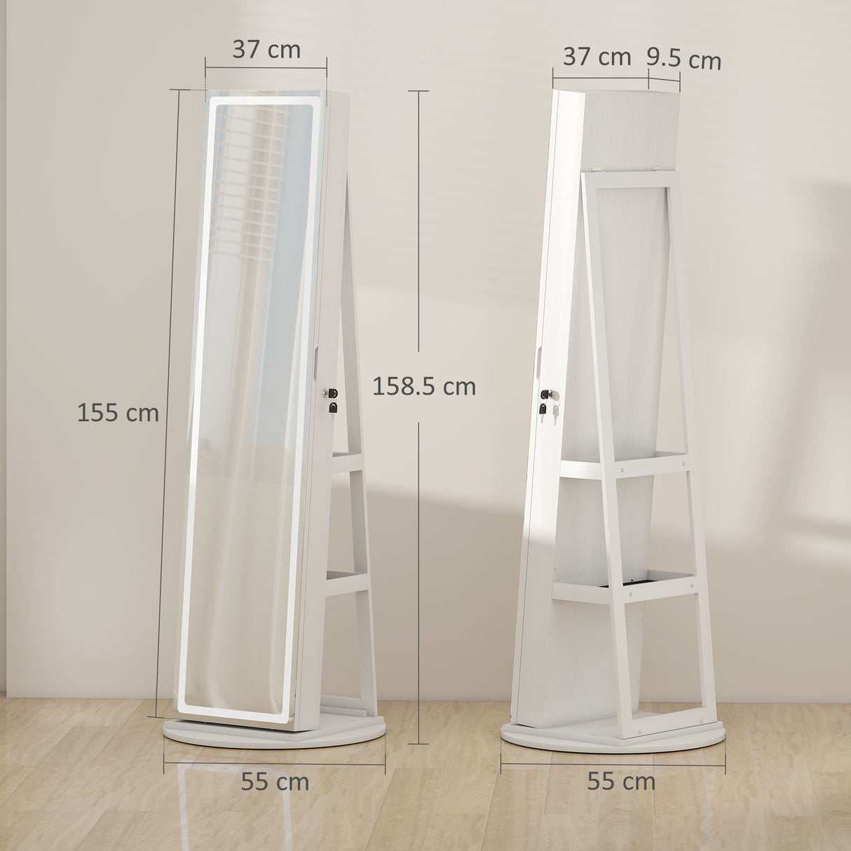 Mirrored Jewellery Storage Cabinet 55cm Wide With LED Lights - Velmora