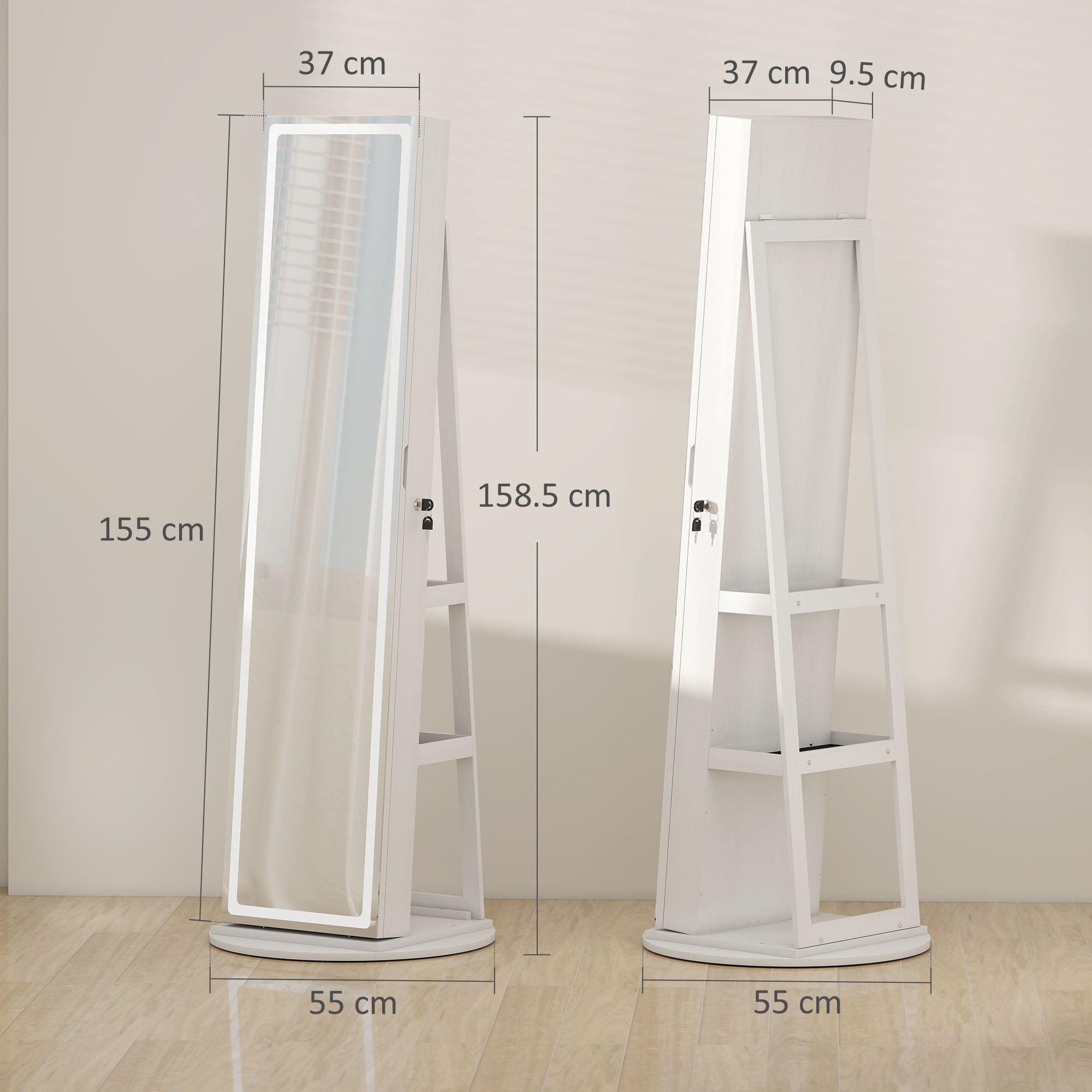 Mirrored Jewellery Storage Cabinet 55cm Wide With LED Lights - Velmora