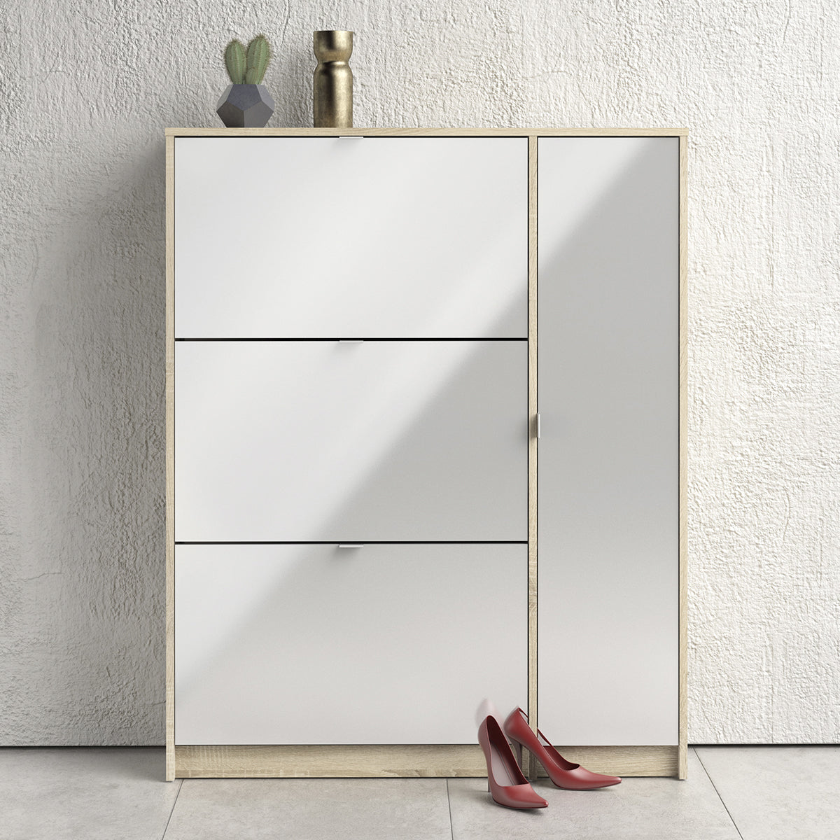 Mirrored Shoe Storage Cabinet With 3 Flip Down Doors And 2 Layers - Seabrook